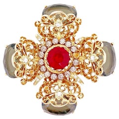 Vintage Ornate Cross Brooch With Ruby Red & Gray Crystals By Capri, 1970s