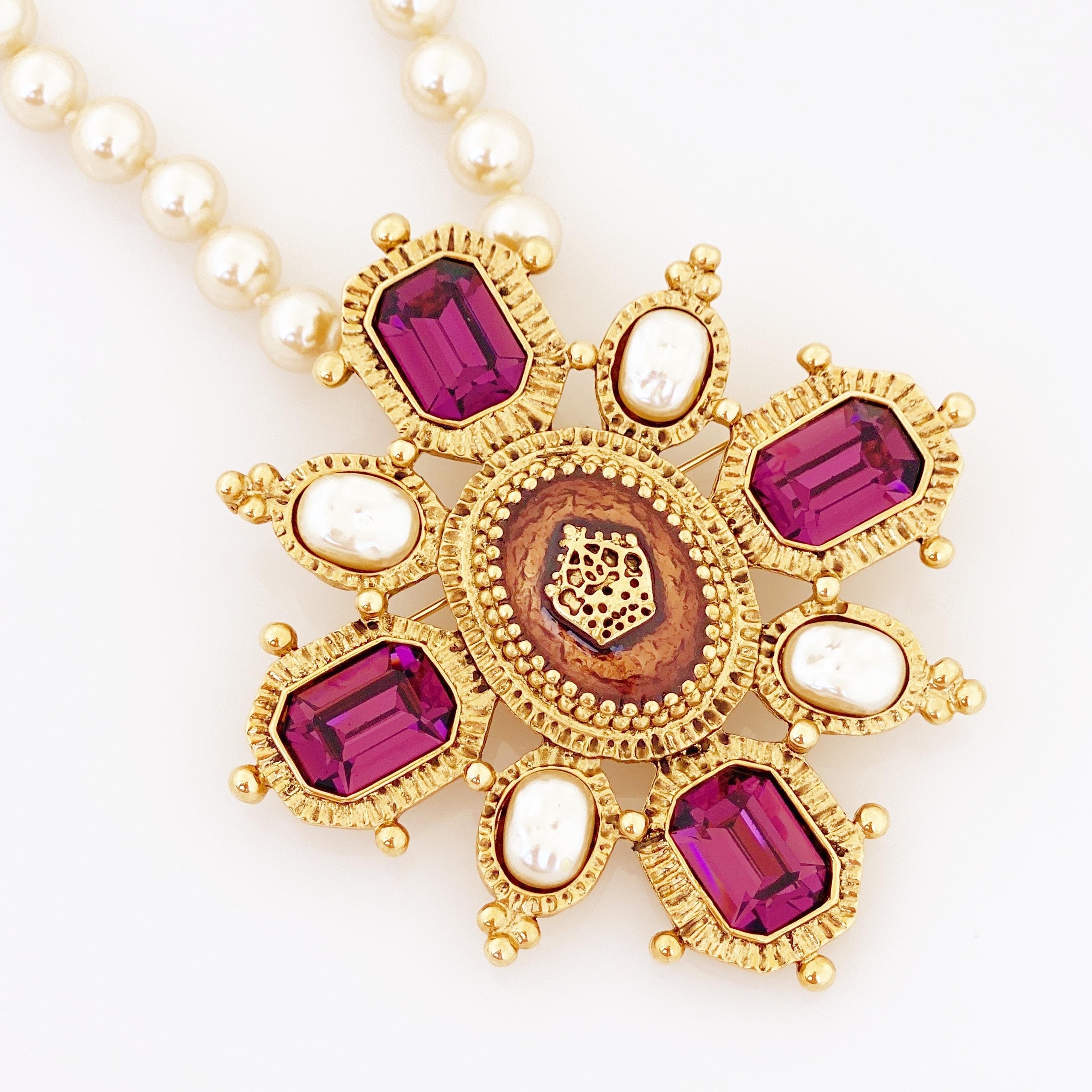 Modern Ornate Cross Necklace On Pearl Strand By Butler & Wilson, 1980s