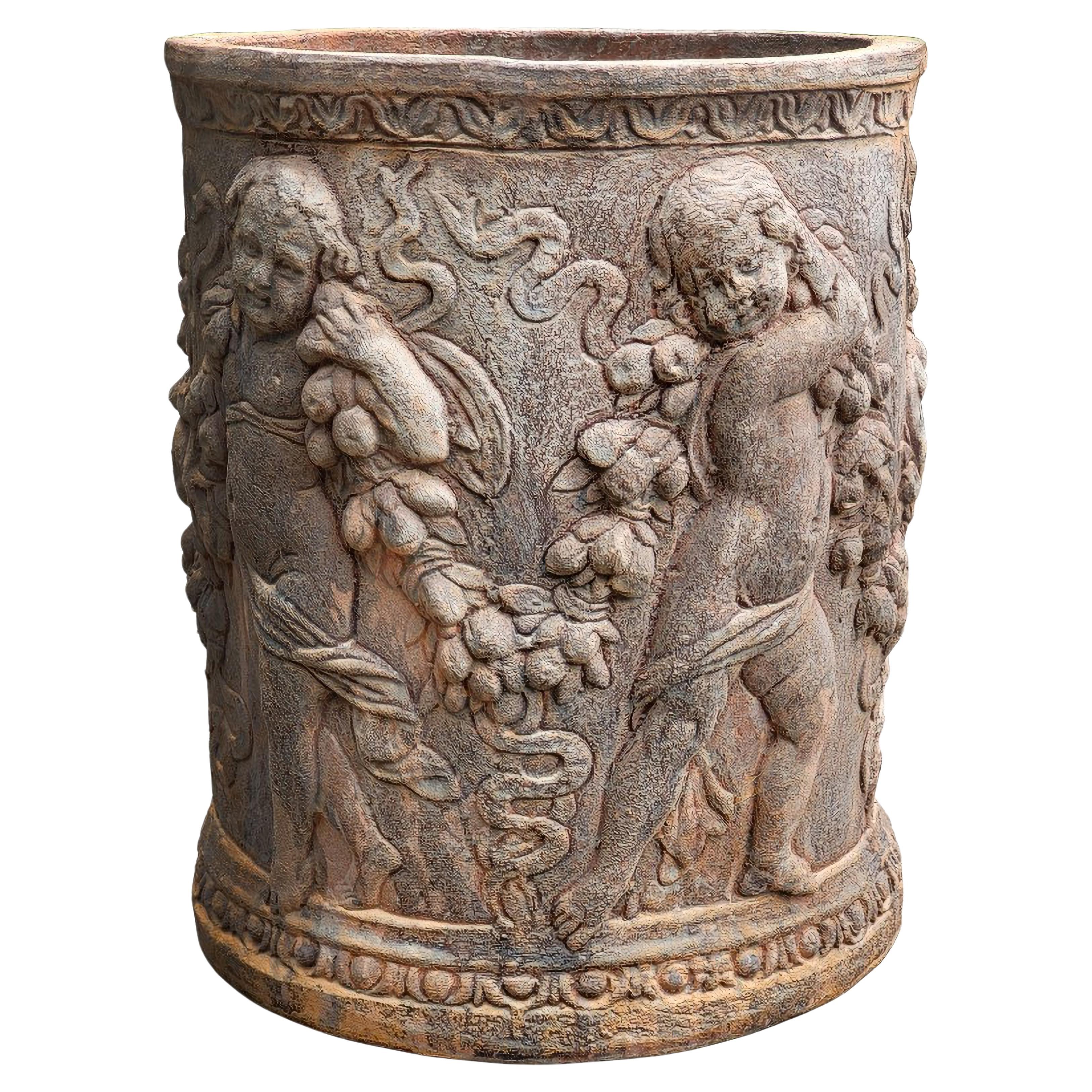 ORNATE CYLINDER WITH 20th Century CACHEPOT TERRACOTTA CHERUBS For Sale