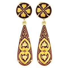 Ornate Damascene Teardrop Dangle Earrings, 1970s