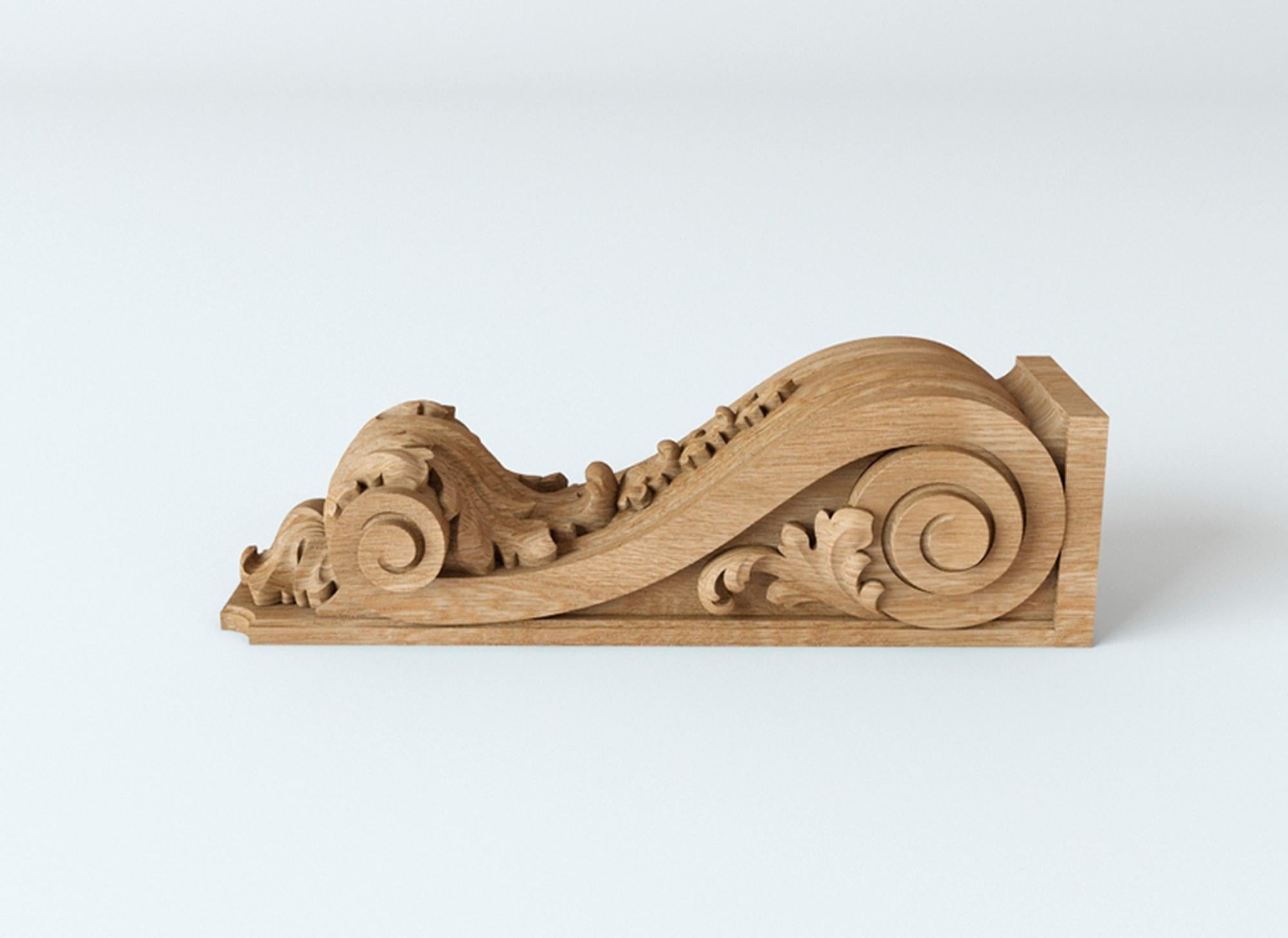 High-quality unfinished carved wooden corbel. Unpainted.

>> SKU: KR-002.01

>> Dimensions (A x B x C x d x e):

1) 7.52
