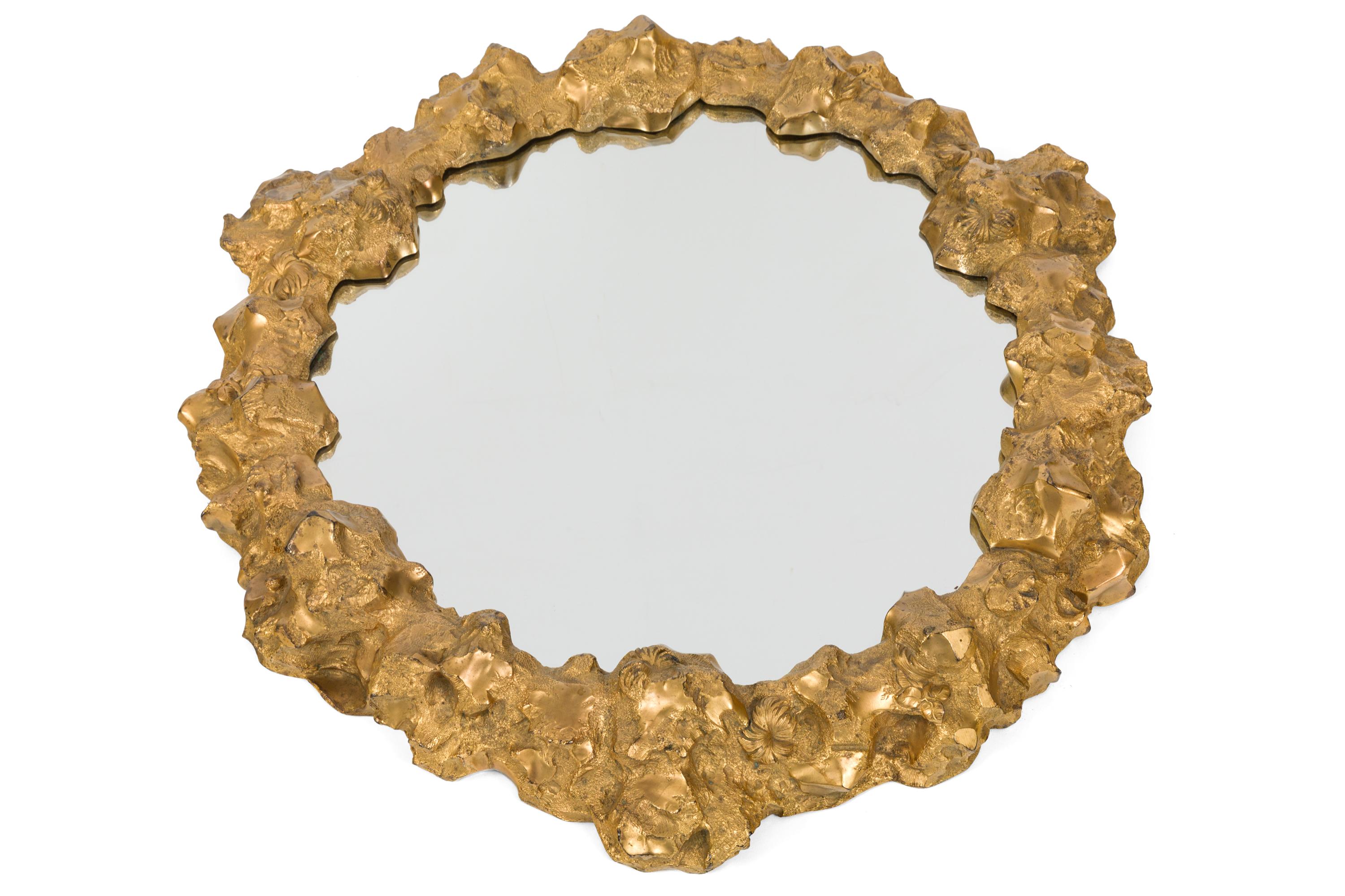 French Ornate Decorative Cast Bronze Mirror, France, 1940s For Sale