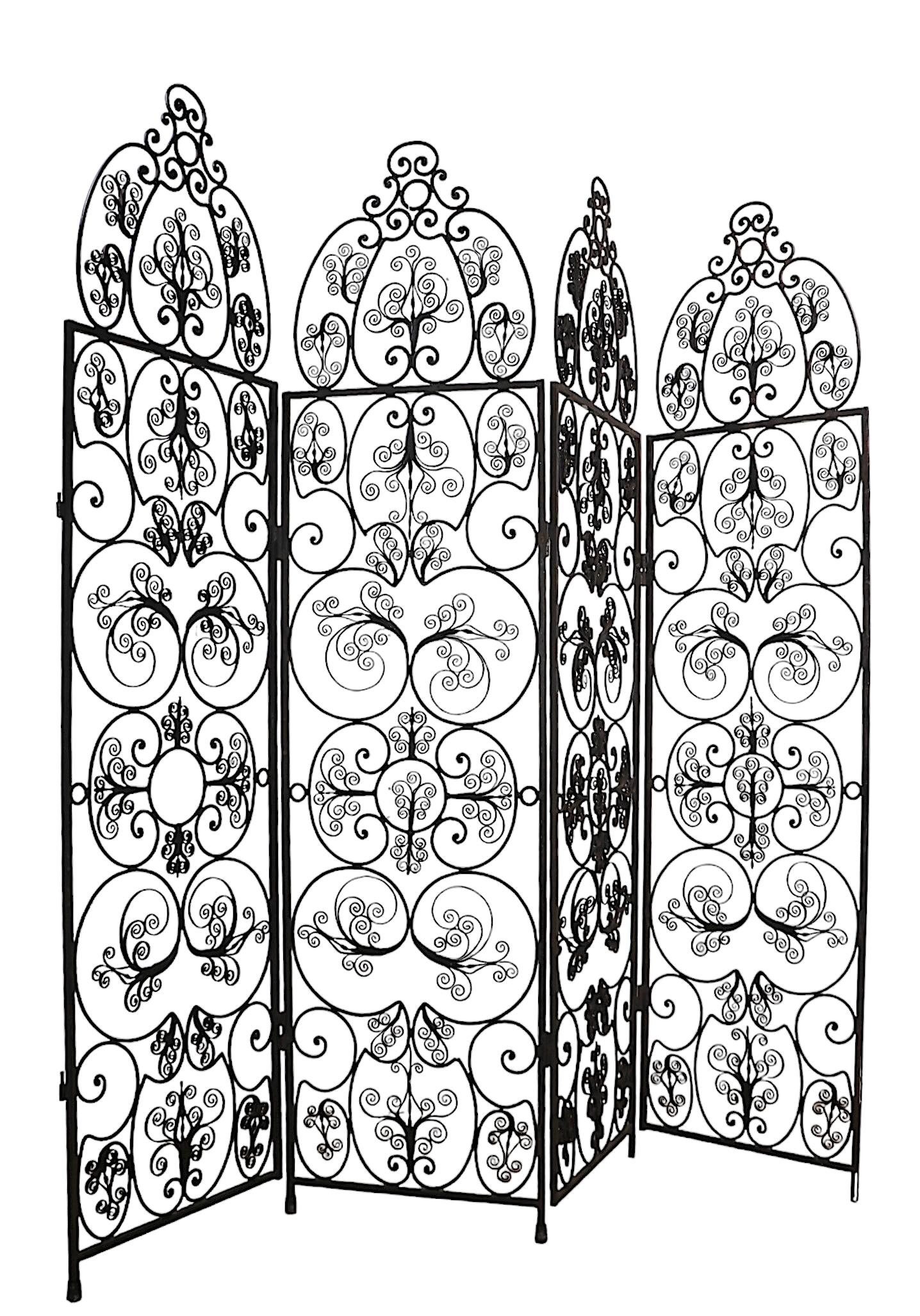 Ornate Decorative Wrought Iron  Four Fold Room Divider Screen c 1950/70's For Sale 5