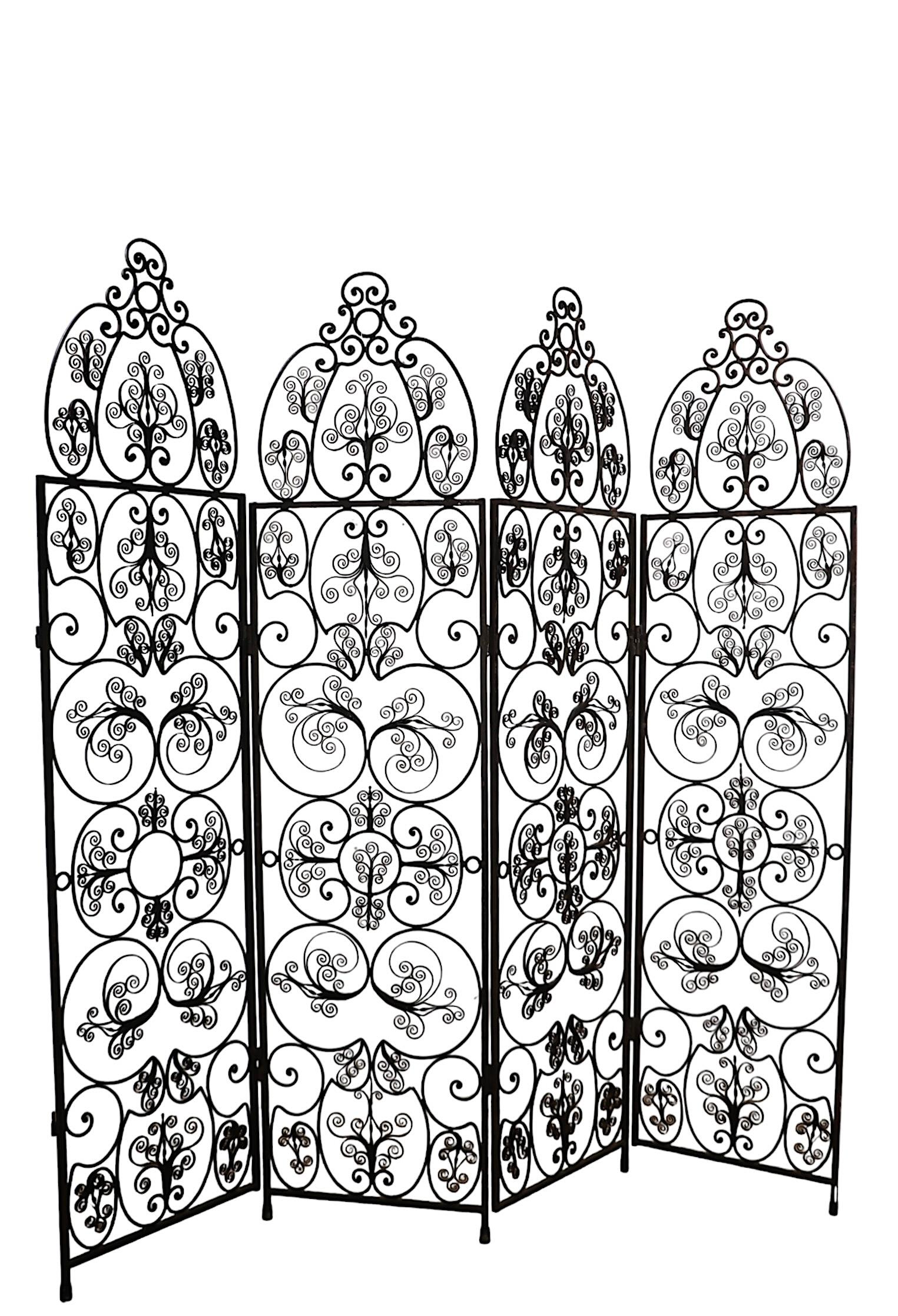 Ornate Decorative Wrought Iron  Four Fold Room Divider Screen c 1950/70's For Sale 6