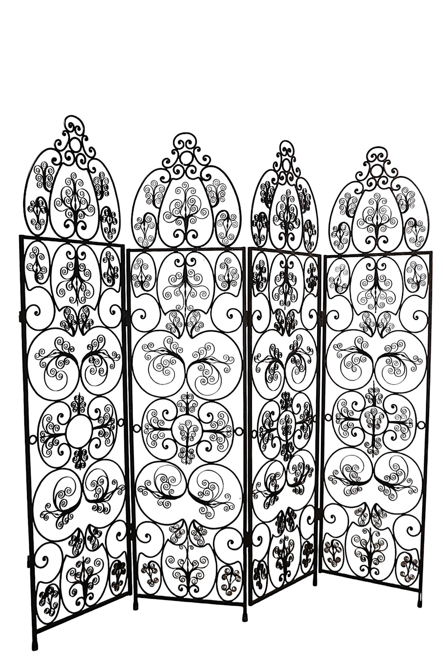 Ornate Decorative Wrought Iron  Four Fold Room Divider Screen c 1950/70's For Sale 7