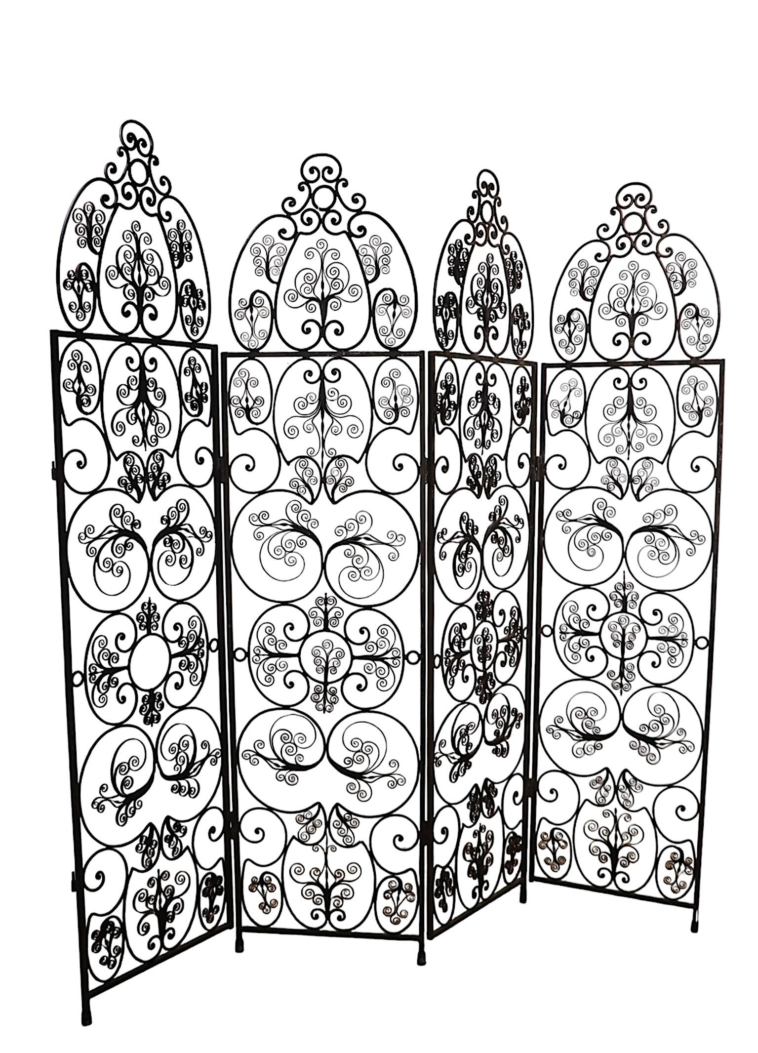Ornate Decorative Wrought Iron  Four Fold Room Divider Screen c 1950/70's For Sale 9