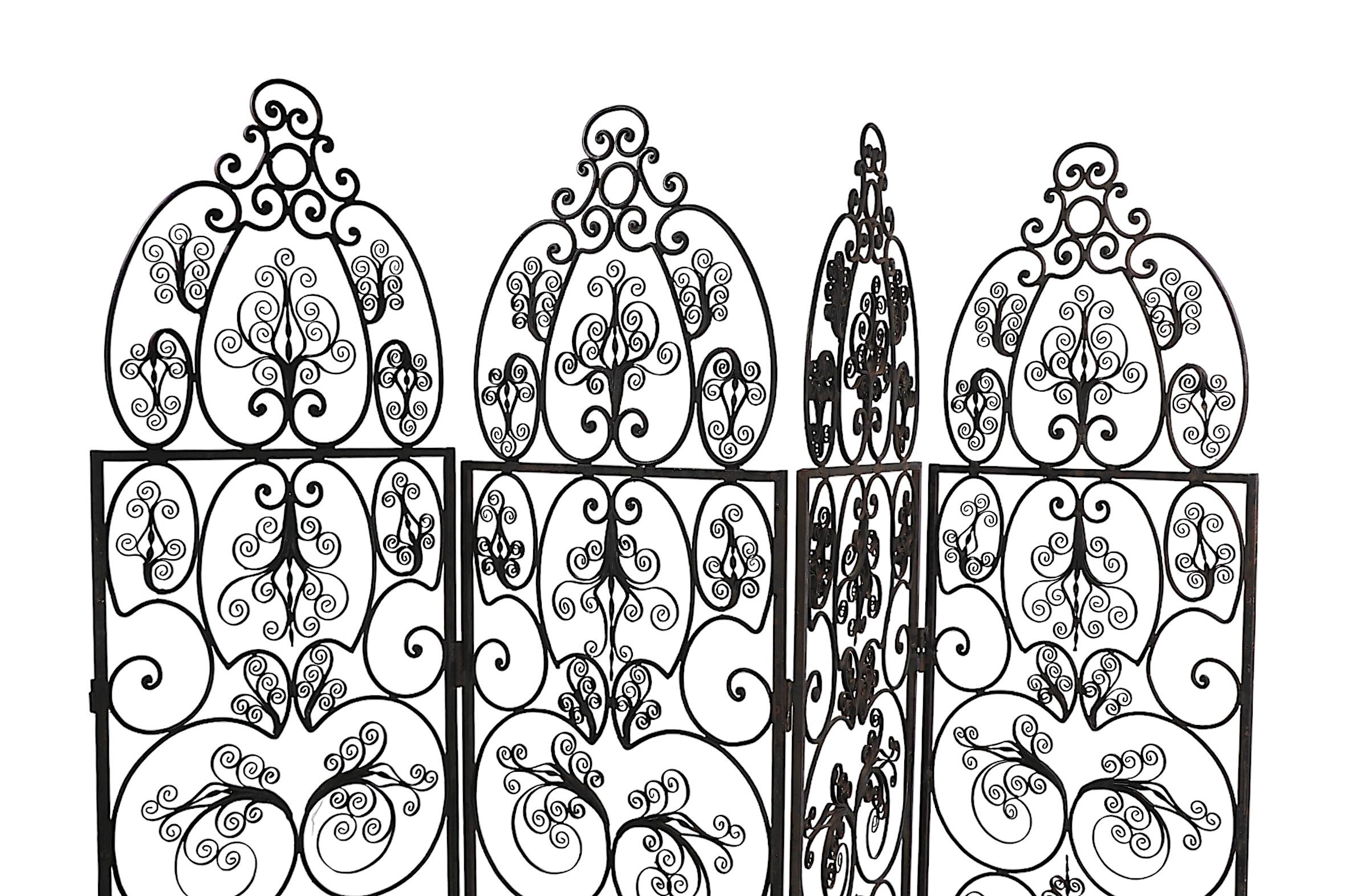 Ornate Decorative Wrought Iron  Four Fold Room Divider Screen c 1950/70's In Good Condition For Sale In New York, NY