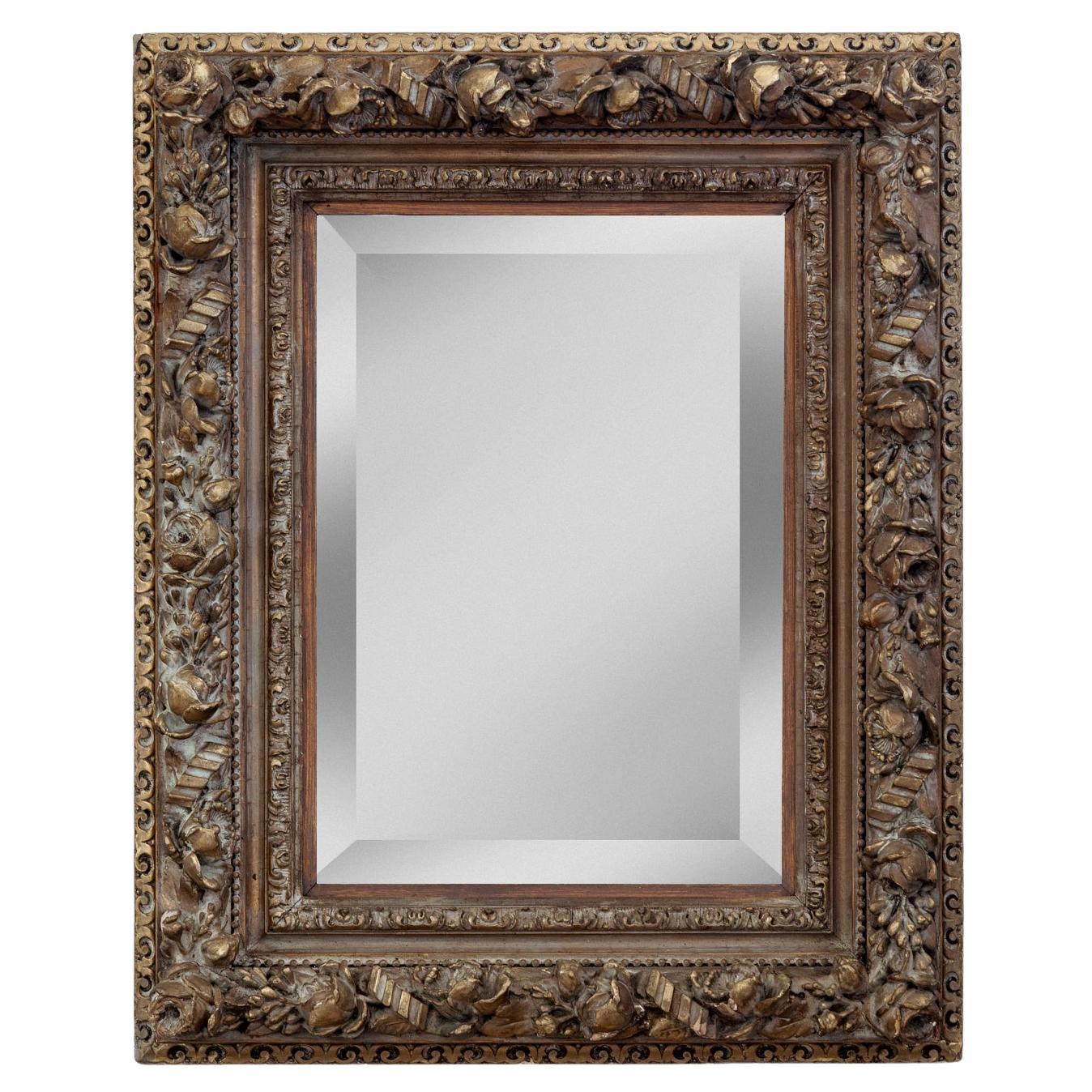 Ornate Deep Framed Beveled Mirror with Roses, Blossoms & Buds For Sale