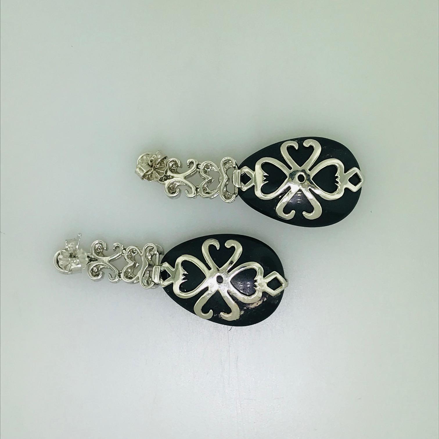 Victorian Ornate Diamond, Black Onyx and Garnet Drop Earrings in White Gold