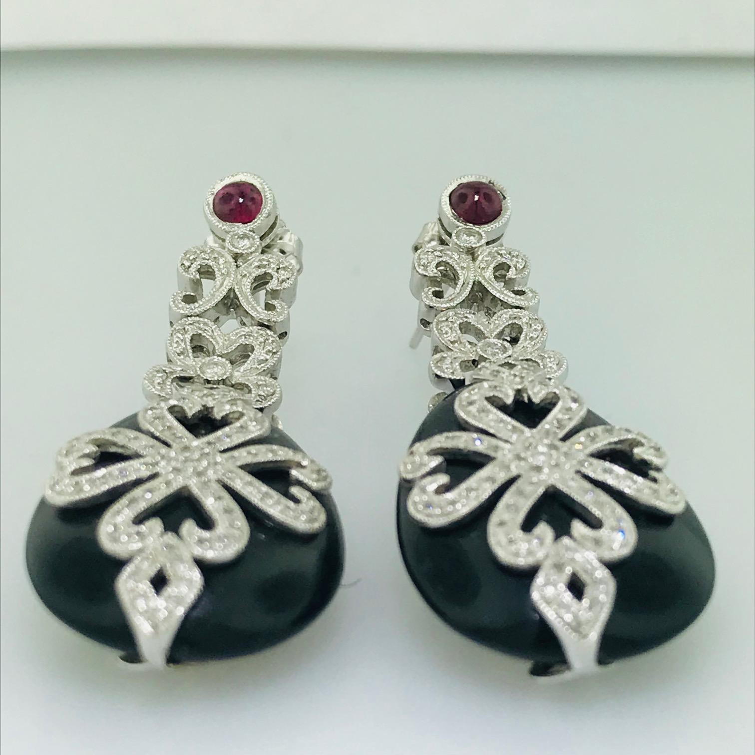 Round Cut Ornate Diamond, Black Onyx and Garnet Drop Earrings in White Gold