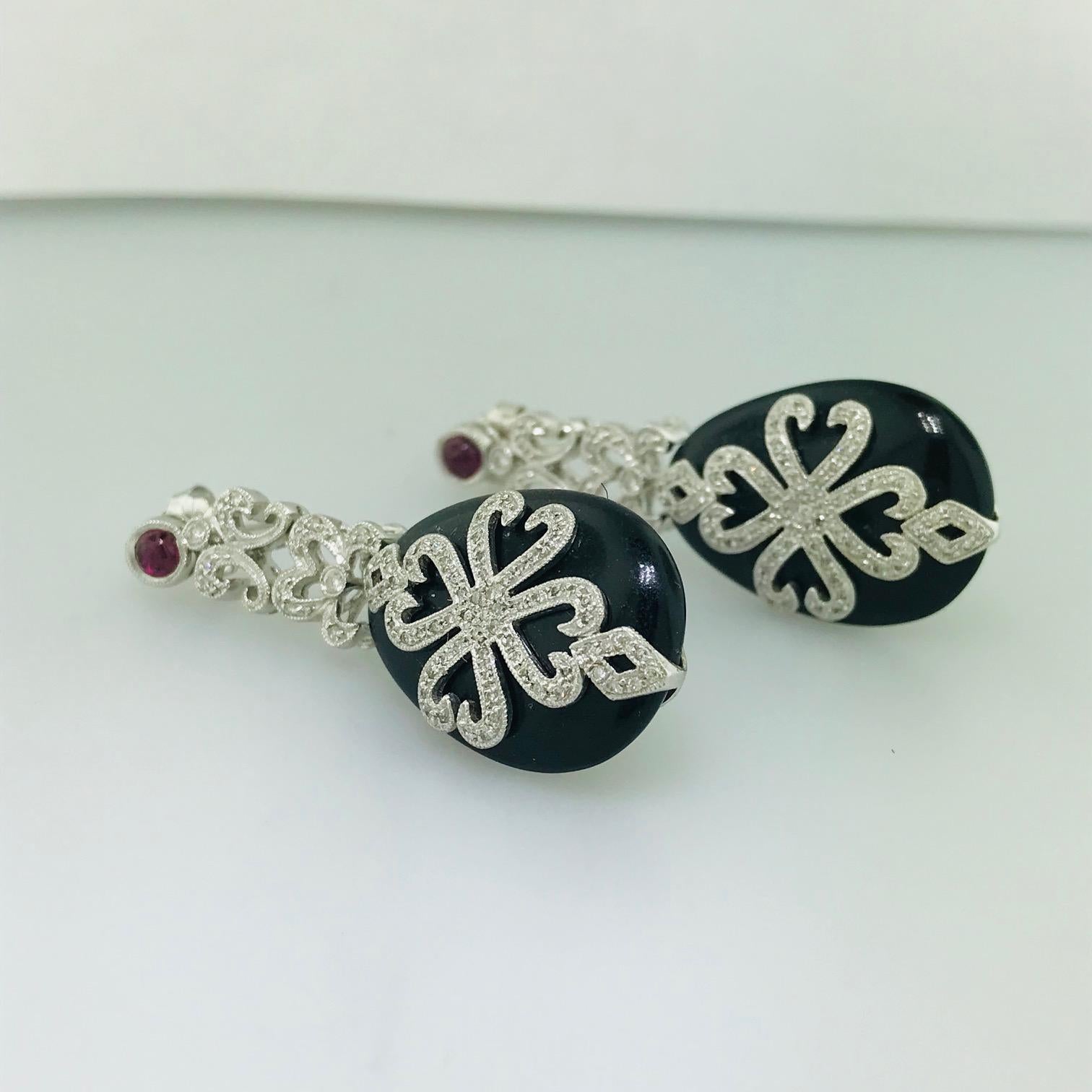 Women's Ornate Diamond, Black Onyx and Garnet Drop Earrings in White Gold