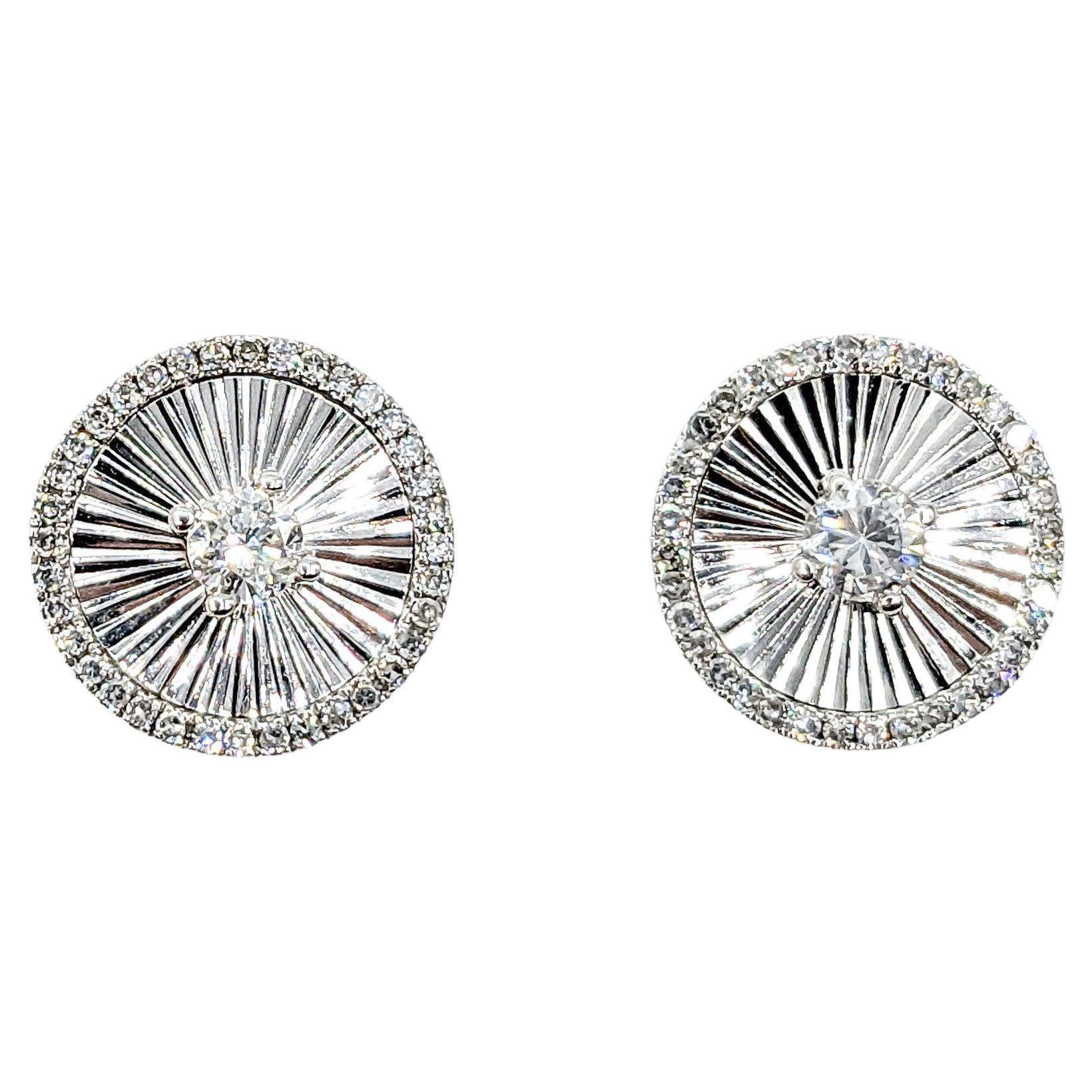 Ornate Disc Diamond Stud Earrings in White Gold For Sale