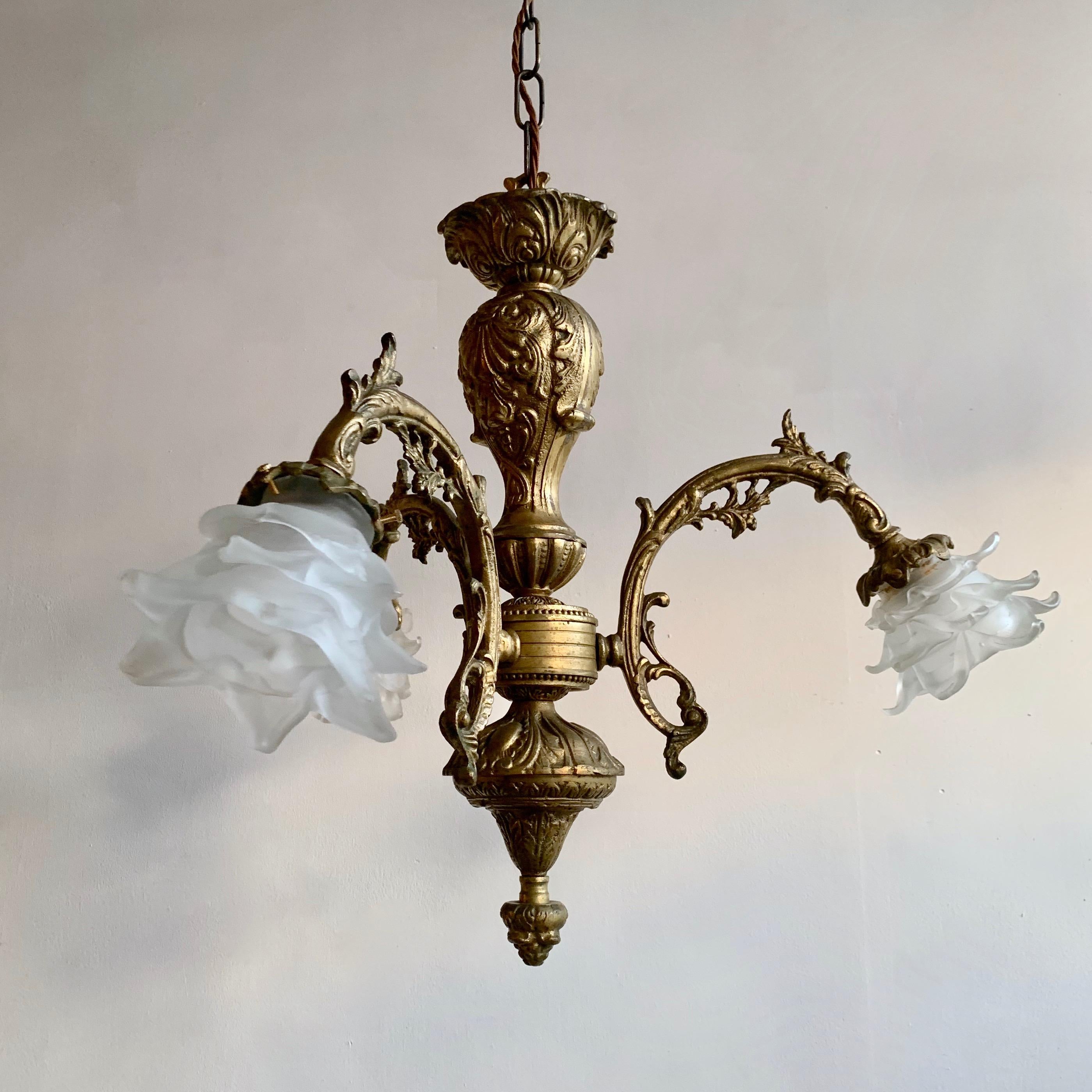 The chandelier comes supplied with braided flex, chain, a ceiling rose and a chandelier hook plate. Chandelier requires SES lamps, these are not included.

This chandelier has been fully restored and rewired here, in Stockport, near Manchester by