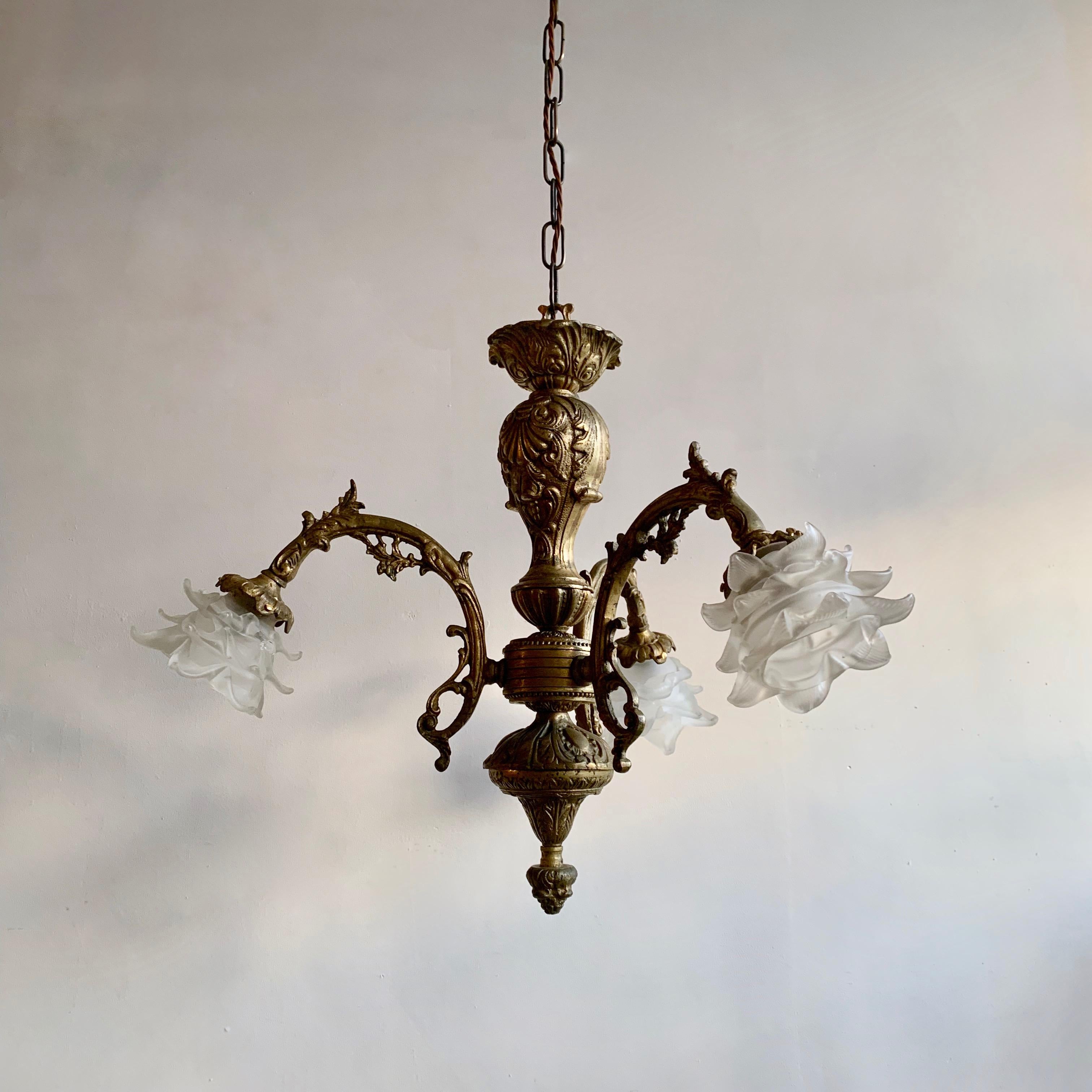 Mid-20th Century  Ornate Downlighter With Floral Shades For Sale