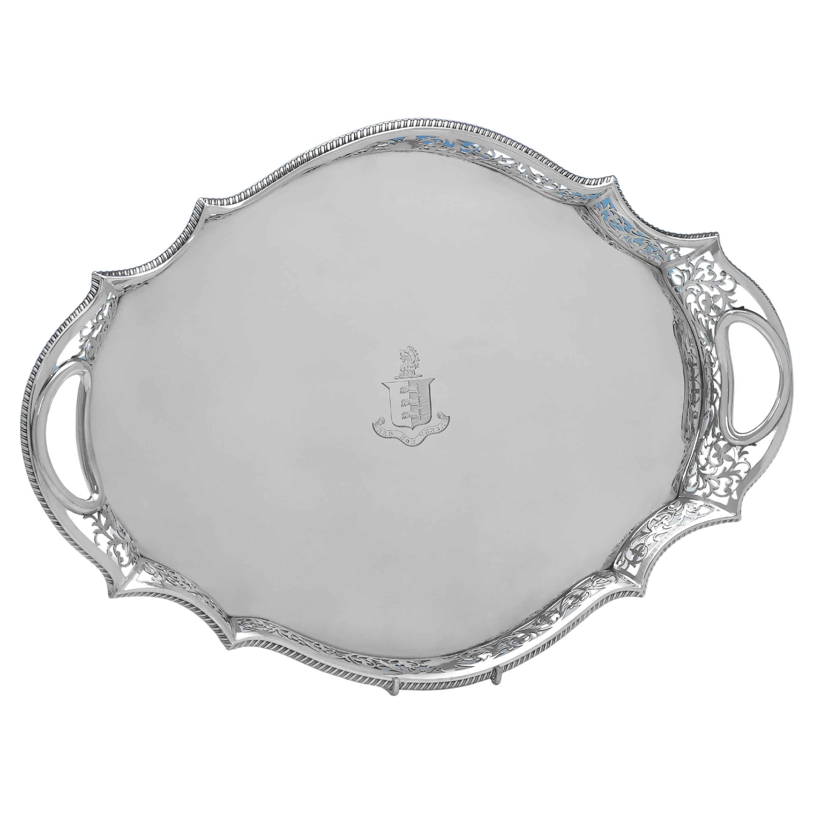 Ornate Edwardian Sterling Silver Armorial Gallery Tray by C.S. Harris, 1907 For Sale