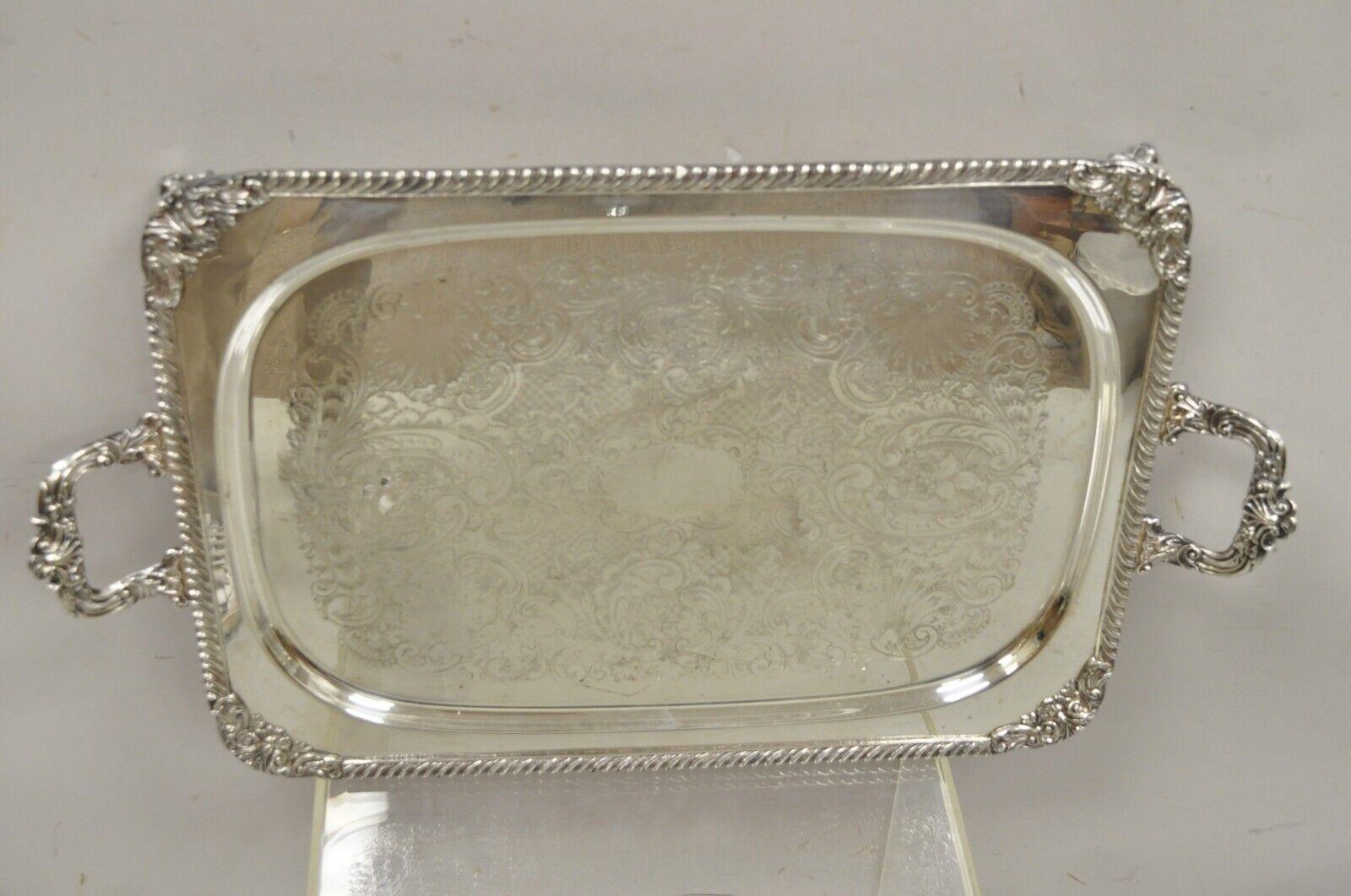 Bandeja ornamentada inglesa victoriana de doble asa con plato de plata pesado en venta 5
