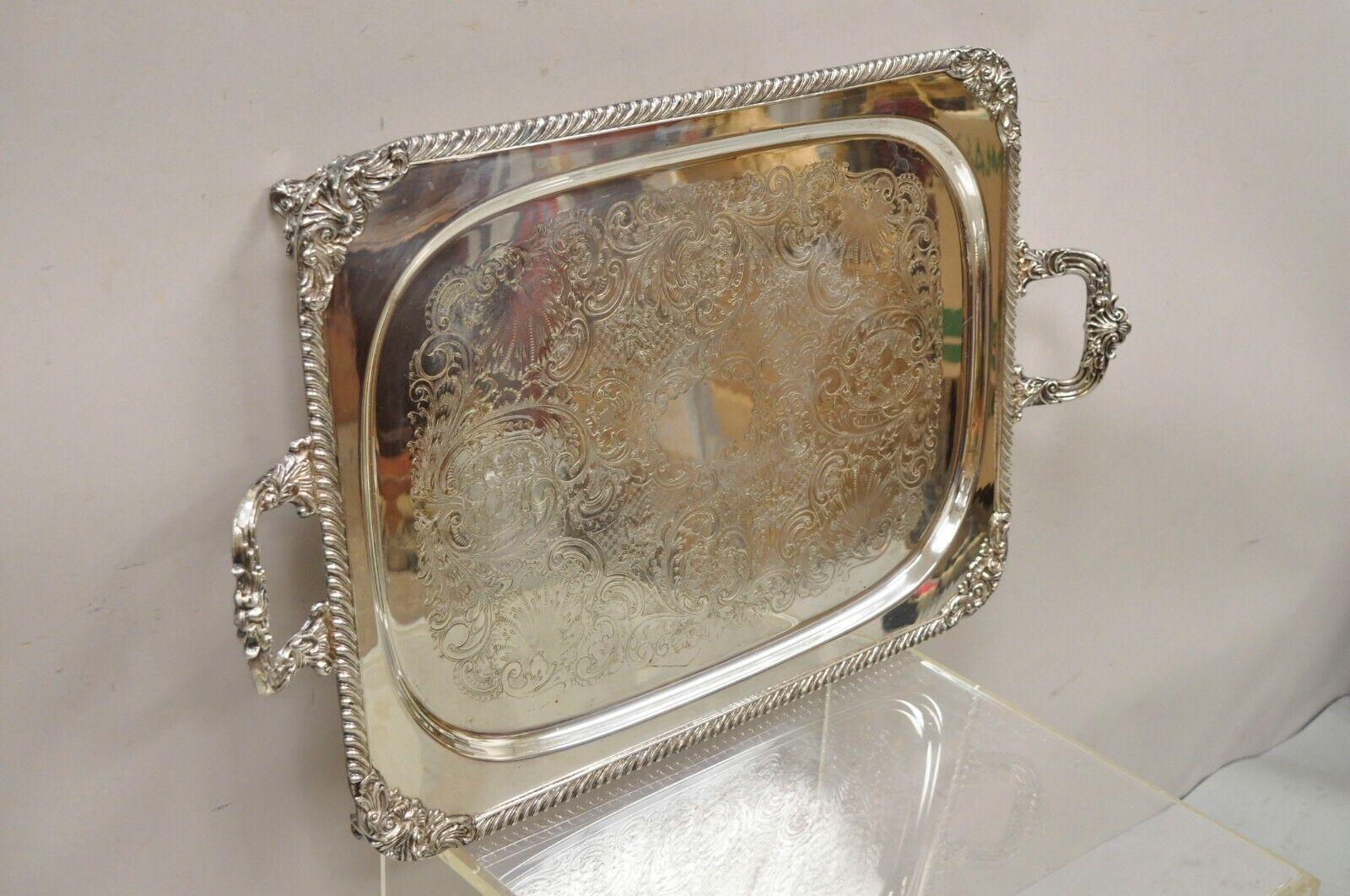 20th Century Ornate English Victorian Twin Handle Heavy Silver Plate Platter Tray For Sale