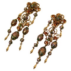 Ornate Filigree Crystal Chandelier Drop Clip-On Earrings circa Mid-Century