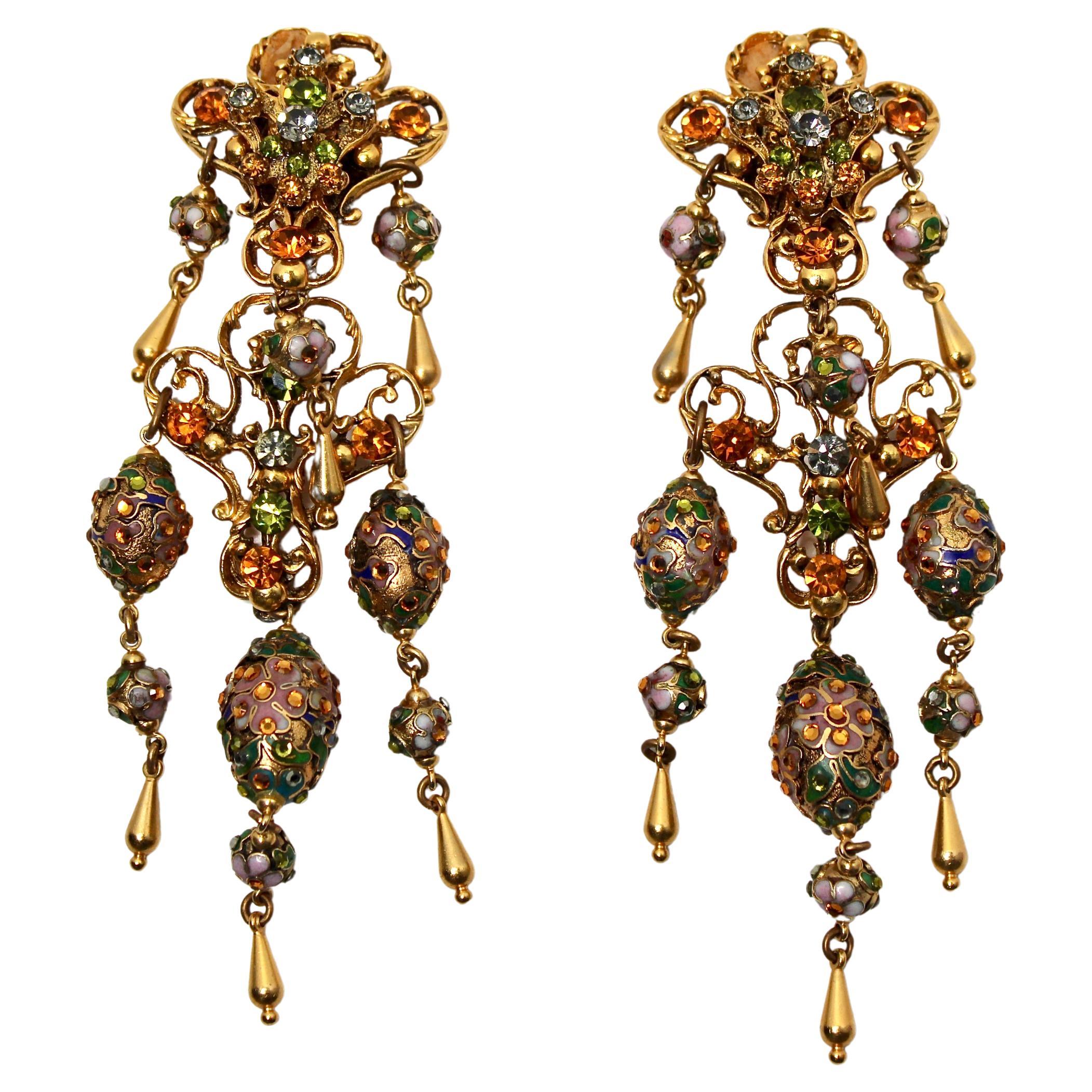 Ornate Filigree Crystal Chandelier Drop Clip-On Earrings circa Mid-Century