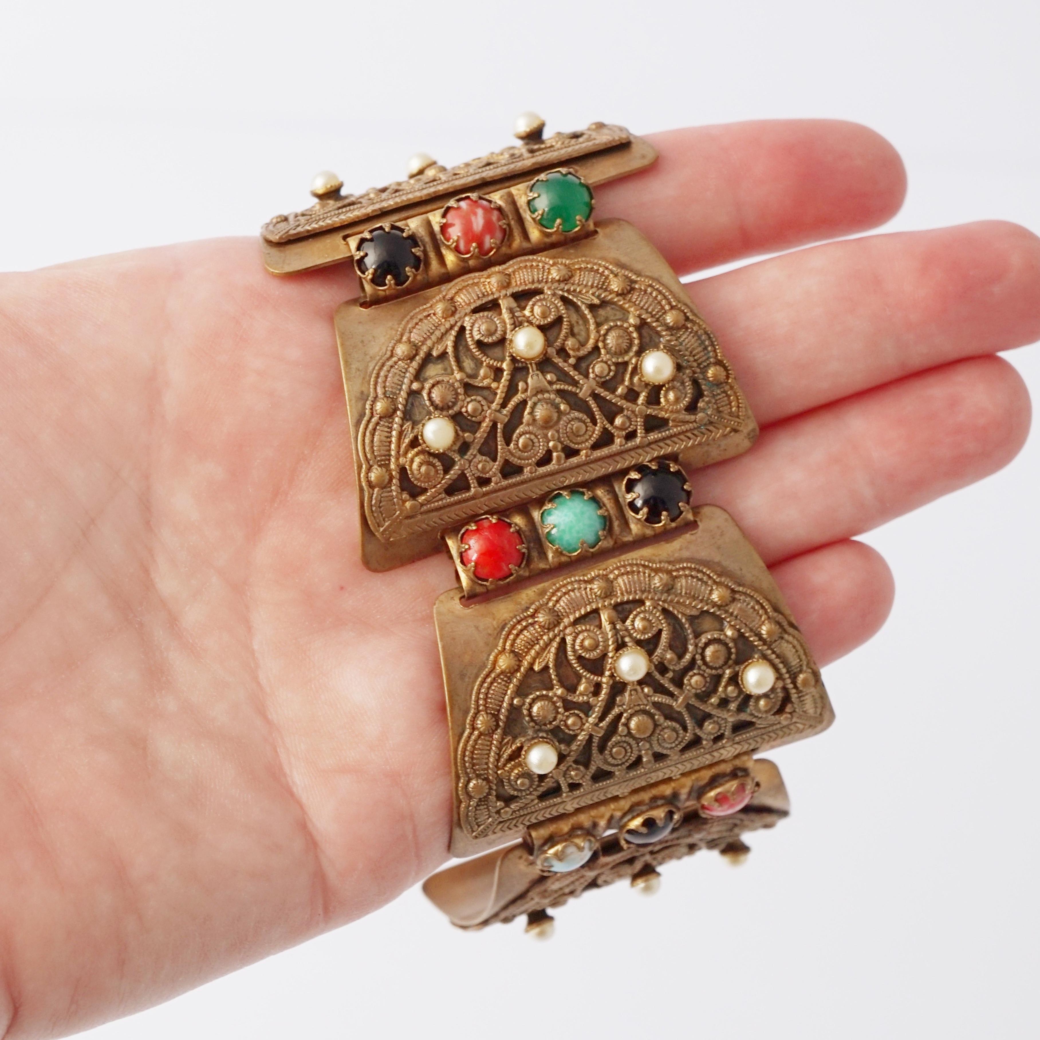 Ornate Filigree Panel Statement Cuff Bracelet, 1940s For Sale 1