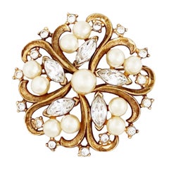 Ornate Floral Brooch with Pearls & Crystals by Alfred Philippe for Crown Trifari