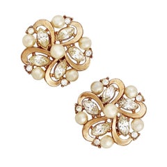 Ornate Floral Earrings w Pearls & Crystals by Alfred Philippe For Crown Trifari