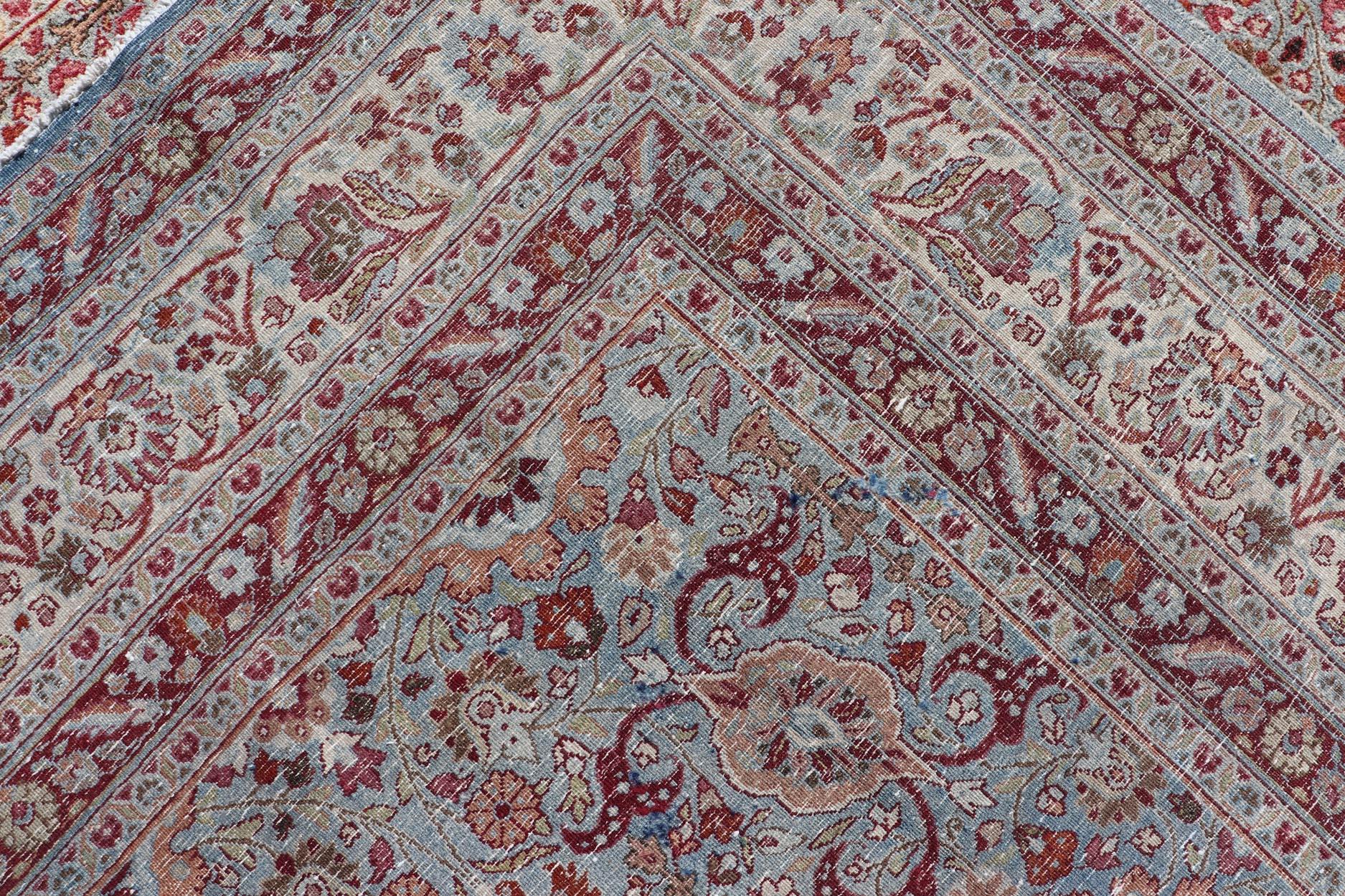 Ornate Floral Pattern Khorassan Antique Persian Rug in Burgundy & Gray For Sale 4
