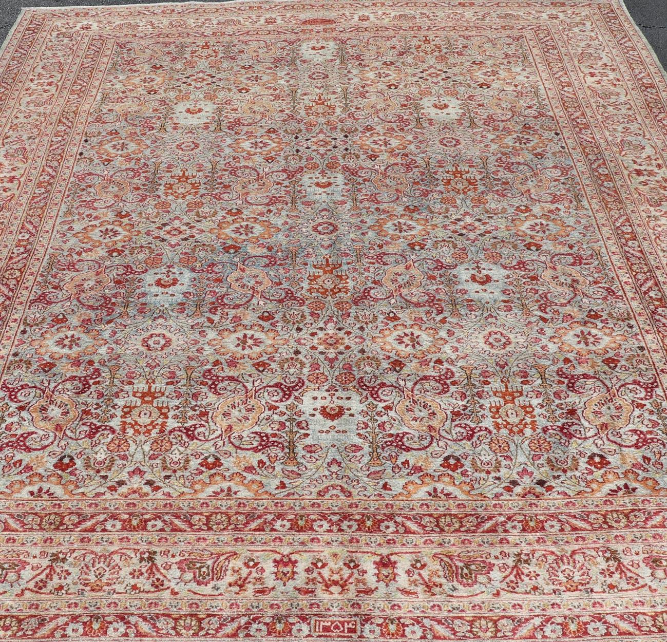 Ornate Floral Pattern Khorassan Antique Persian Rug in Burgundy & Gray For Sale 7