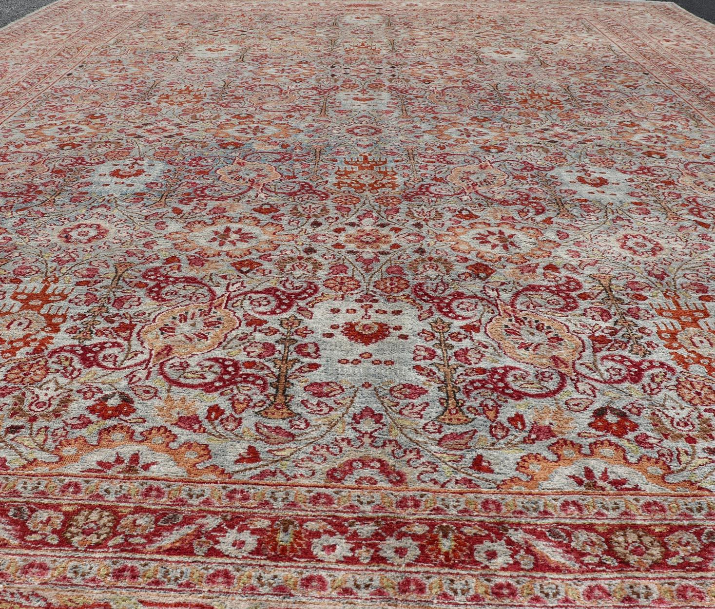 Hand-Knotted Ornate Floral Pattern Khorassan Antique Persian Rug in Burgundy & Gray For Sale