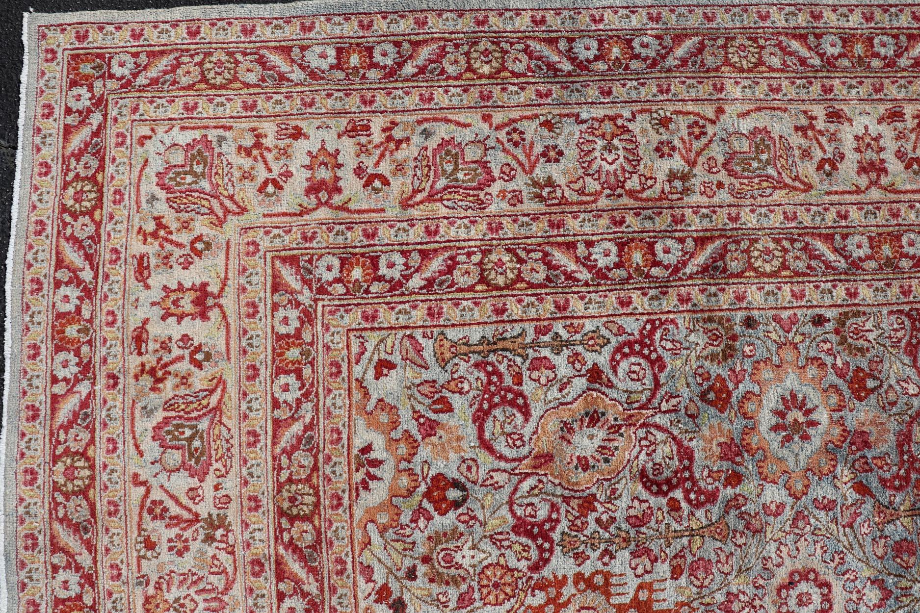 Wool Ornate Floral Pattern Khorassan Antique Persian Rug in Burgundy & Gray For Sale