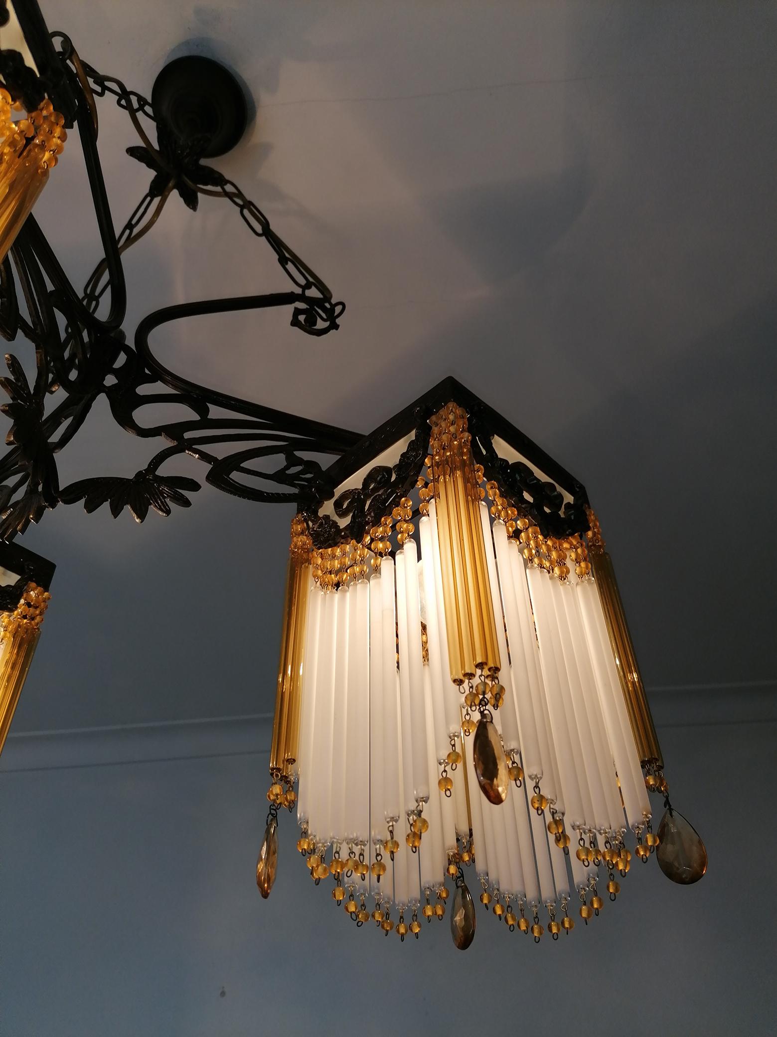 Ornate French Art Nouveau & Art Deco Beaded Amber Glass Straw Fringe Chandelier 5