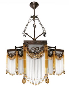Ornate French Art Nouveau & Art Deco Beaded Amber Glass Straw Fringe Chandelier
