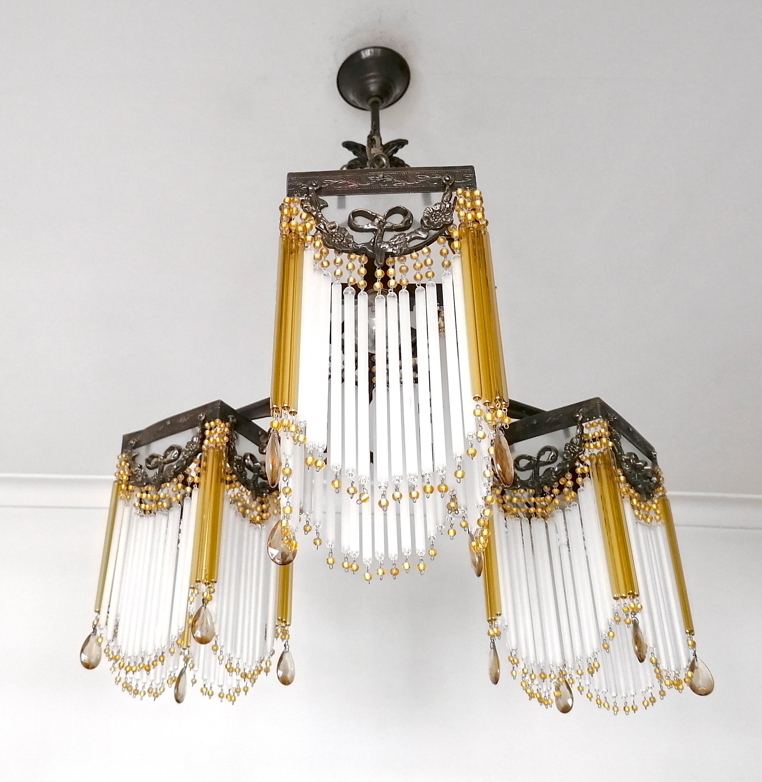 Frosted Ornate French Art Nouveau & Art Deco Beaded Amber Glass Straw Fringe Chandelier
