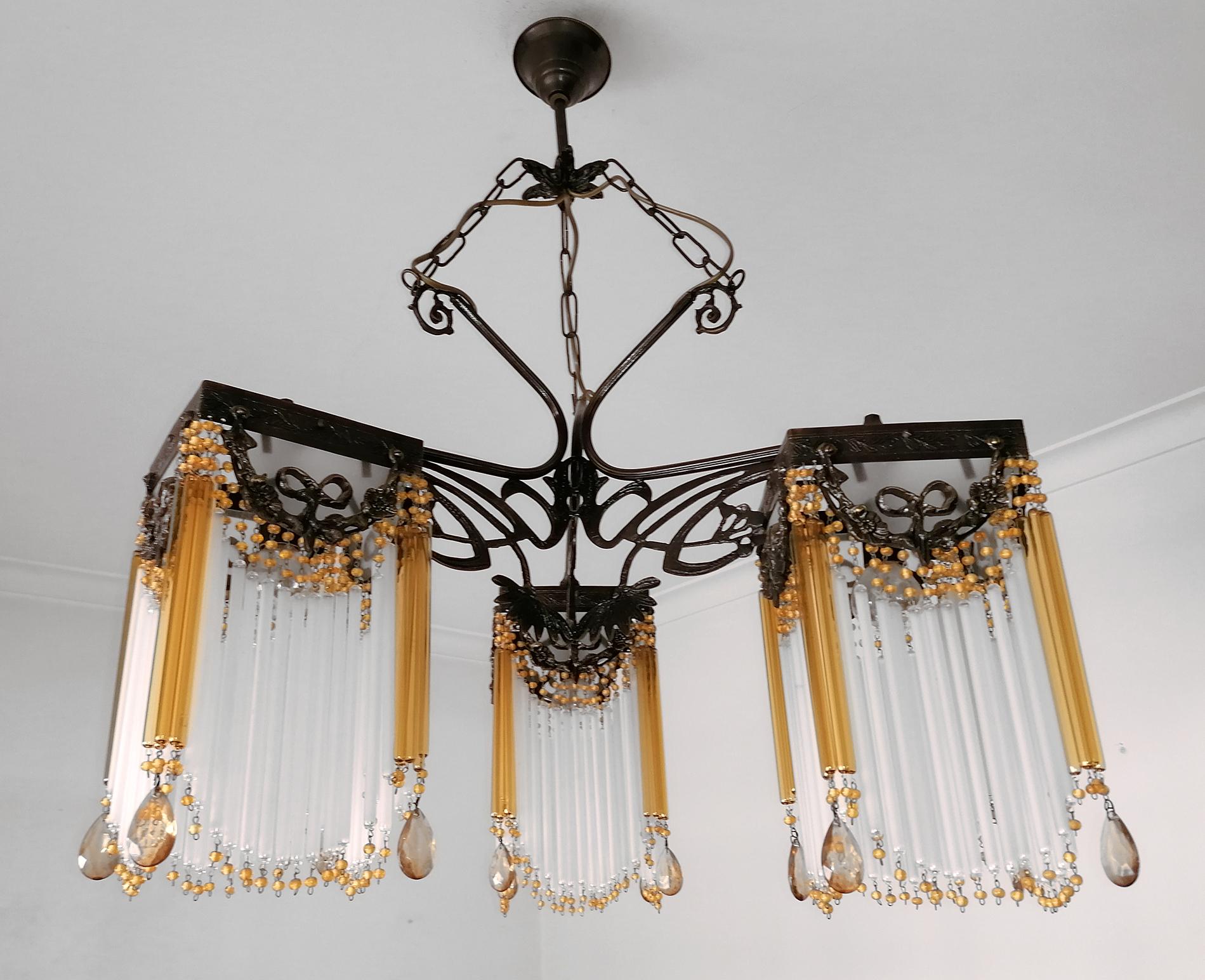 20th Century Ornate French Art Nouveau & Art Deco Beaded Amber Glass Straw Fringe Chandelier