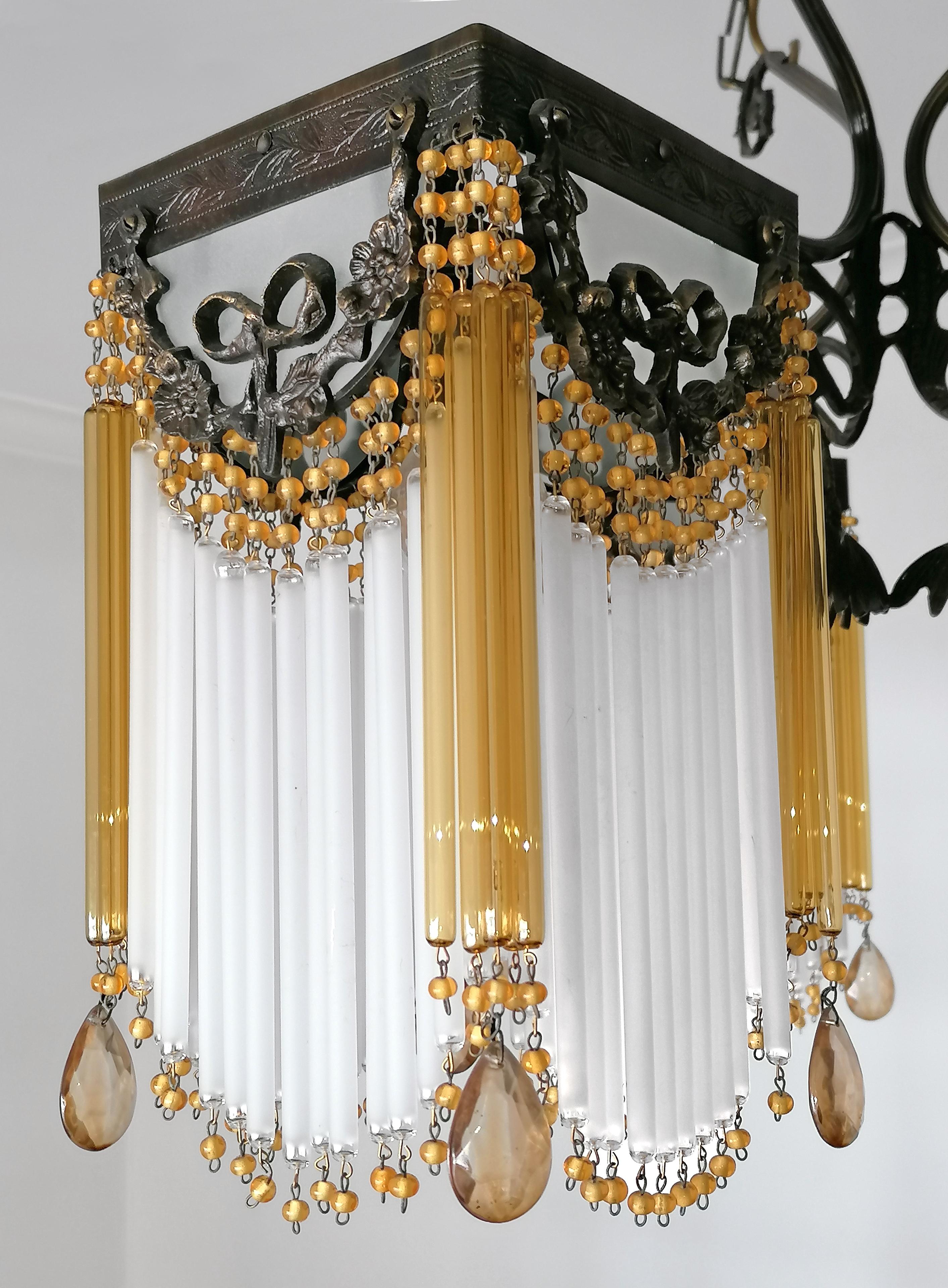 Metal Ornate French Art Nouveau & Art Deco Beaded Amber Glass Straw Fringe Chandelier