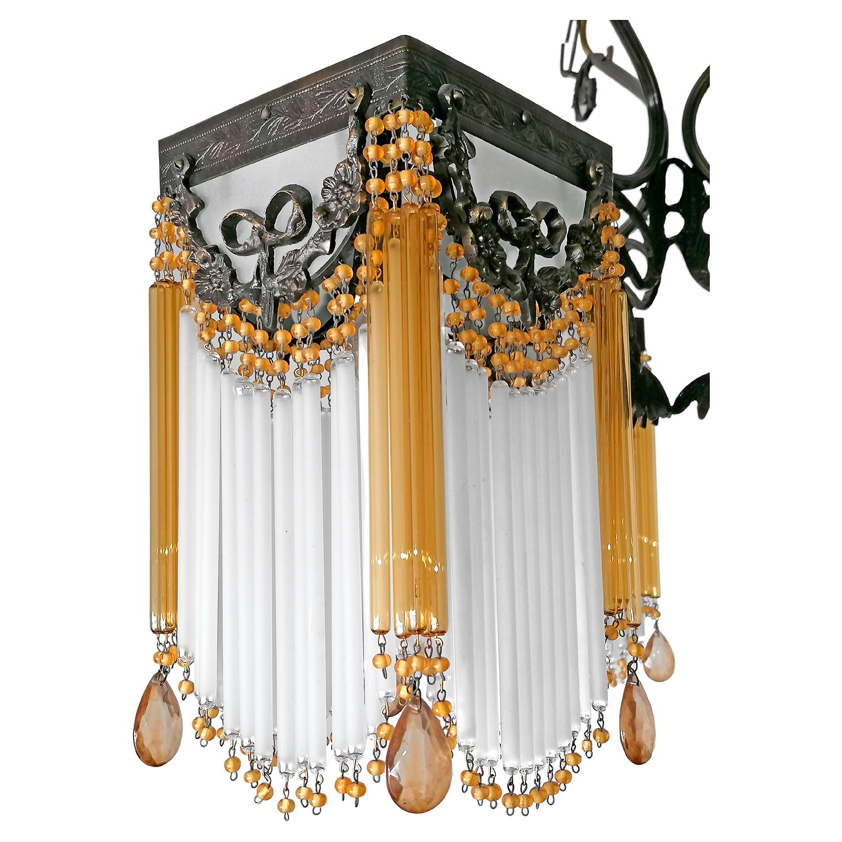 Ornate French Art Nouveau & Art Deco Beaded Amber Glass Straw Fringe Chandelier 1