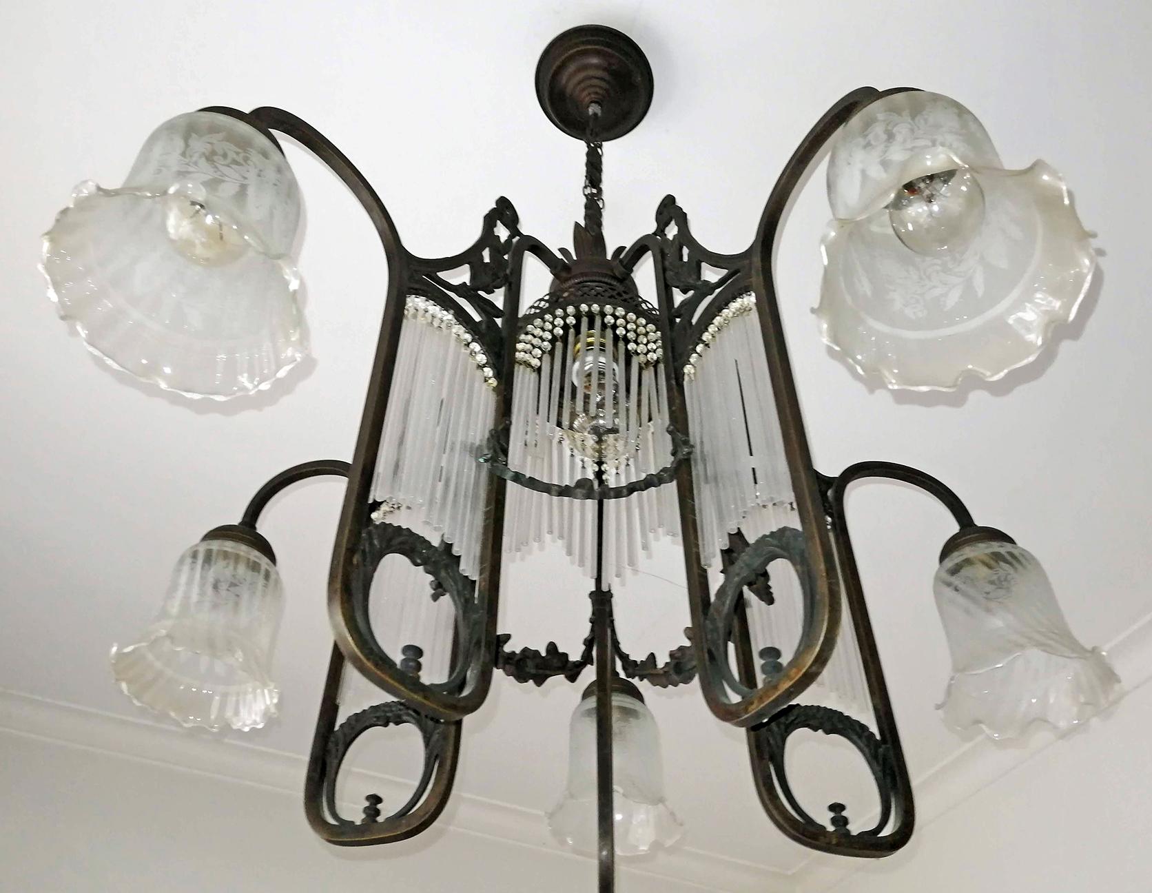 20th Century Ornate French Art Nouveau Art Deco Beaded Glass Straw Fringe 6-Light Chandelier