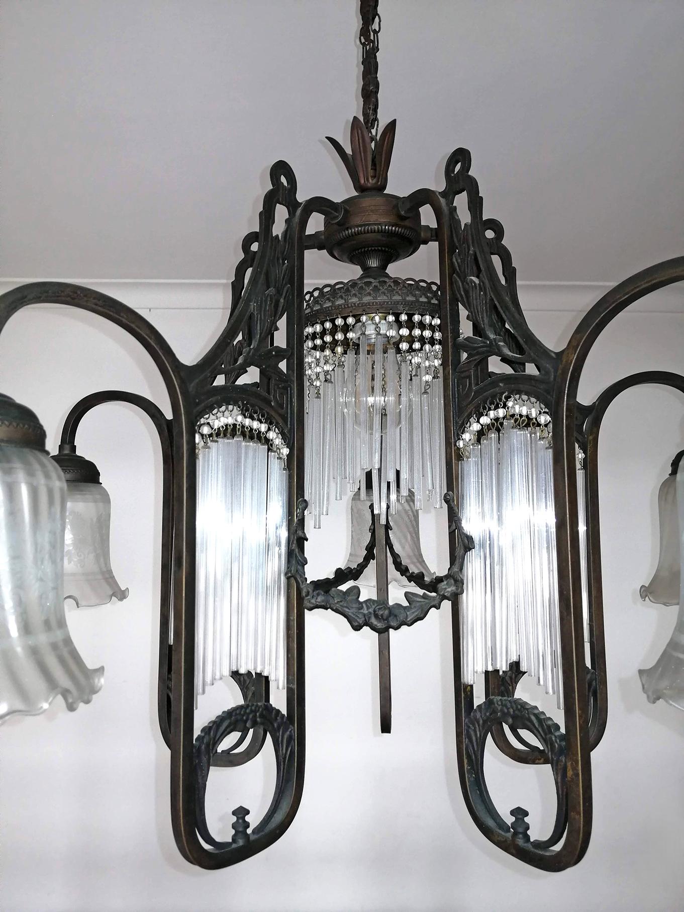 Etched Ornate French Art Nouveau Art Deco Beaded Glass Straw Fringe 6-Light Chandelier