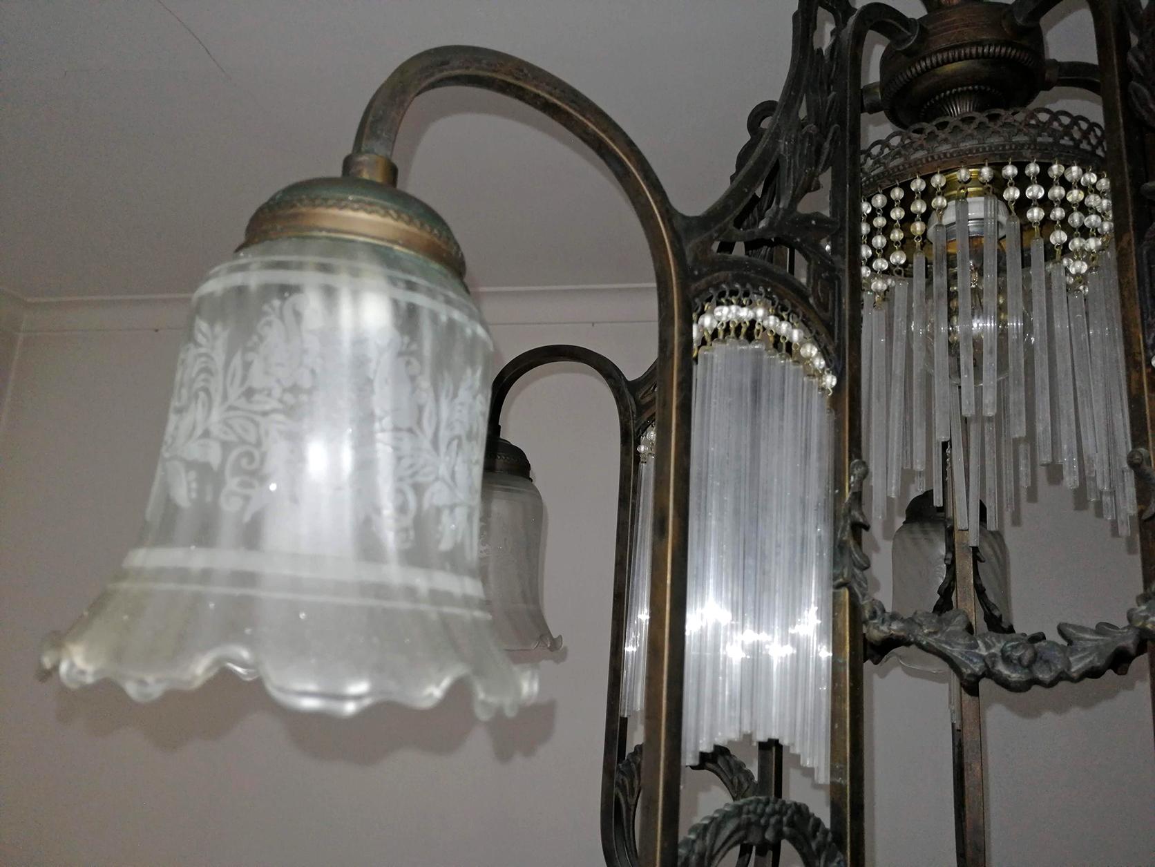 Ornate French Art Nouveau Art Deco Beaded Glass Straw Fringe 6-Light Chandelier 2