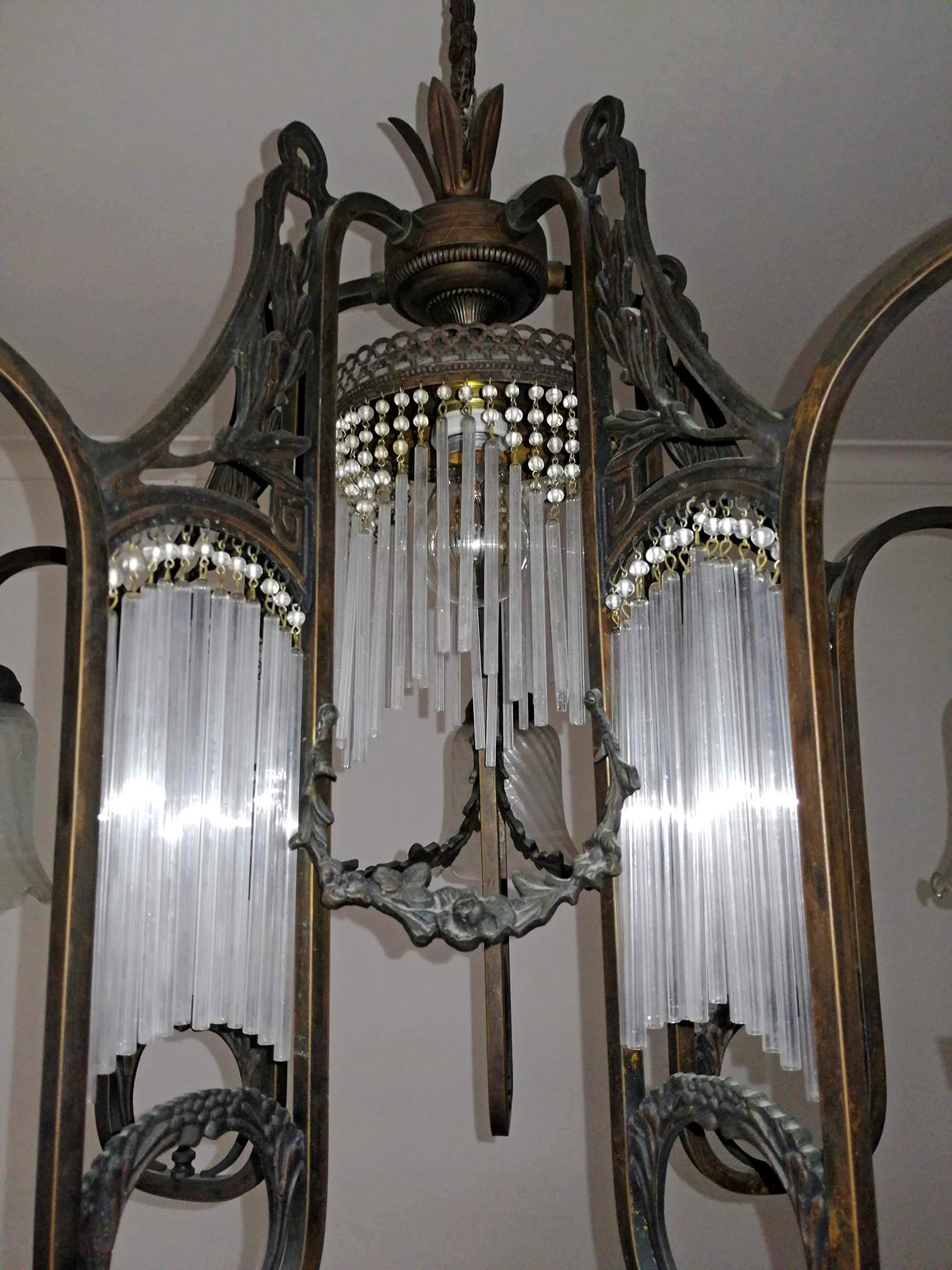 Brass Ornate French Art Nouveau Art Deco Beaded Glass Straw Fringe 6-Light Chandelier