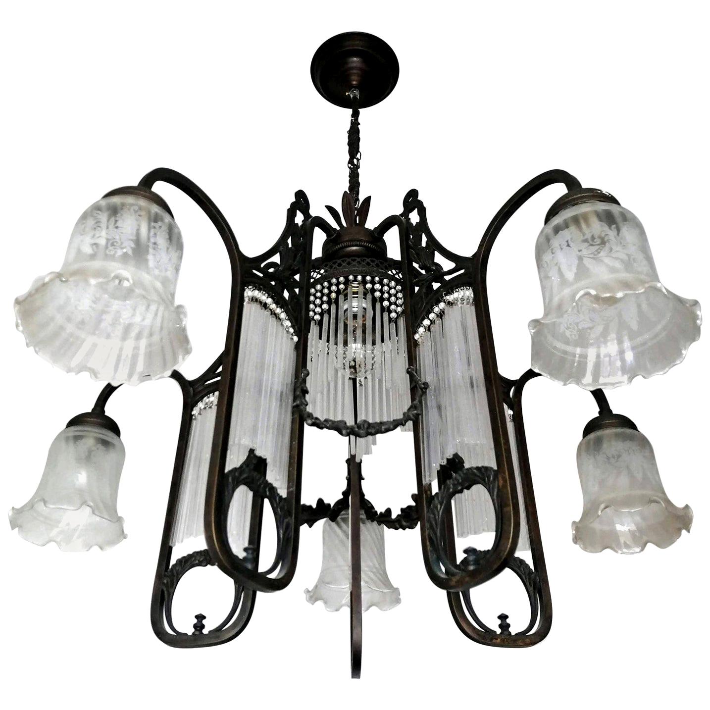 Ornate French Art Nouveau Art Deco Beaded Glass Straw Fringe 6-Light Chandelier