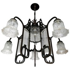 Ornate French Art Nouveau Art Deco Beaded Glass Straw Fringe 6-Light Chandelier