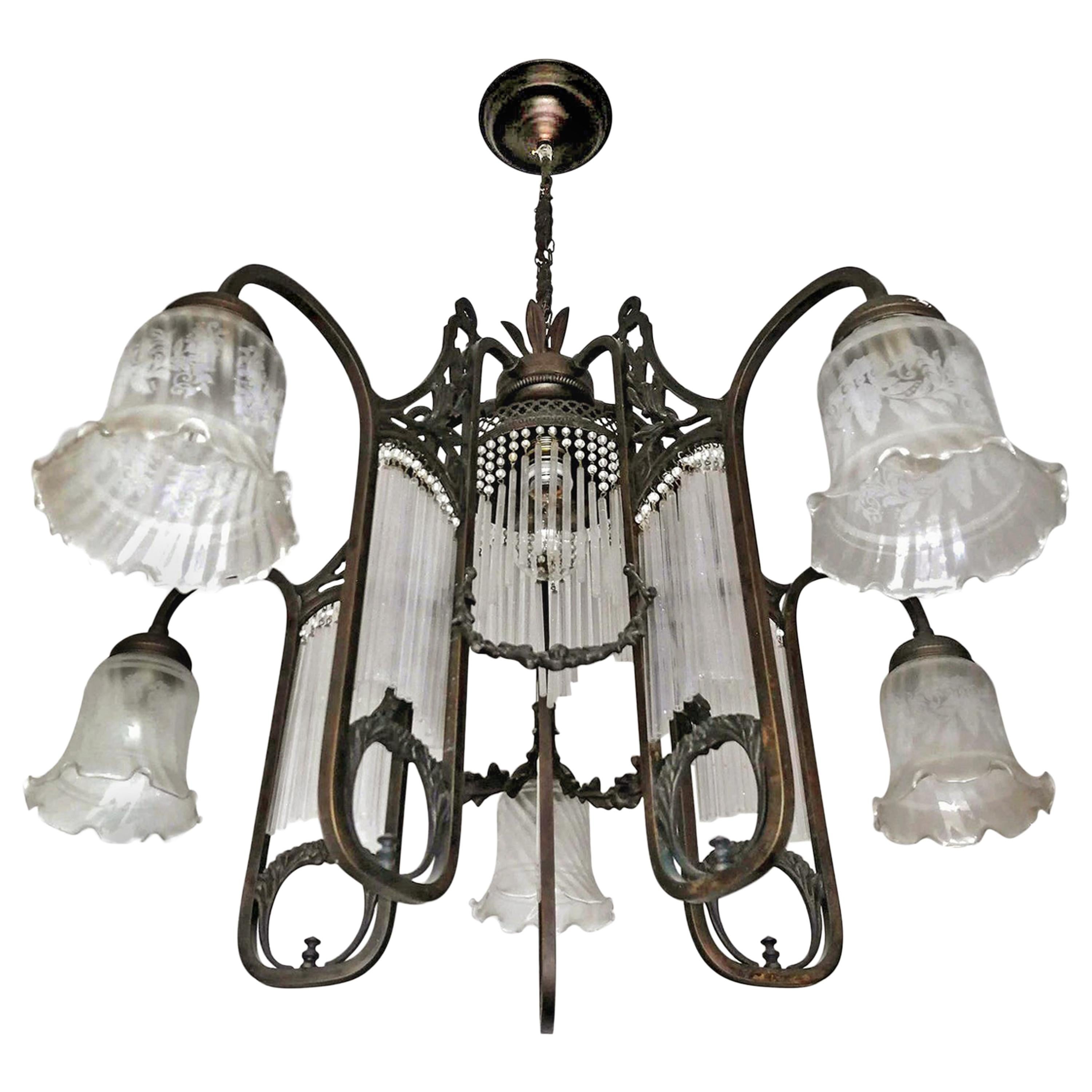 Ornate French Art Nouveau Art Deco Beaded Glass Straw Fringe 6-Light Chandelier