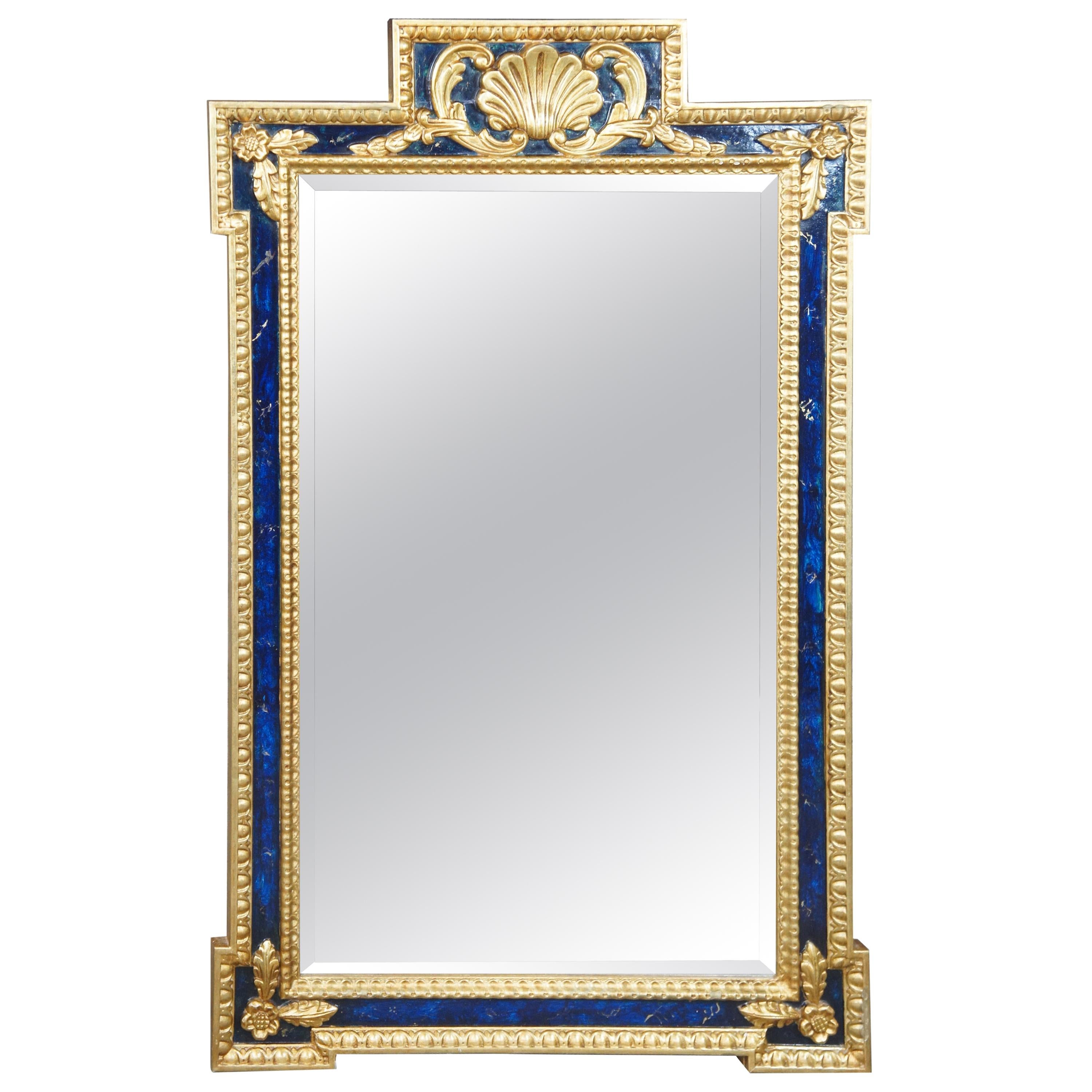 Ornate French Chelsea House Empire Style Blue and Gold Mirror Scalloped
