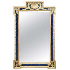 Ornate French Chelsea House Empire Style Blue and Gold Mirror Scalloped