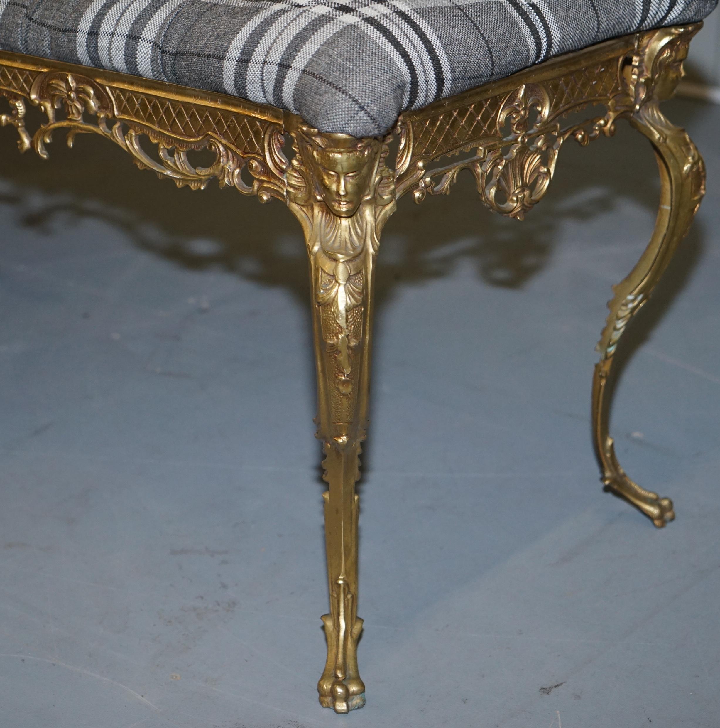 Ornate French circa 1920s Gold Gilt Brass Bench New Chesterfield Upholstery 5