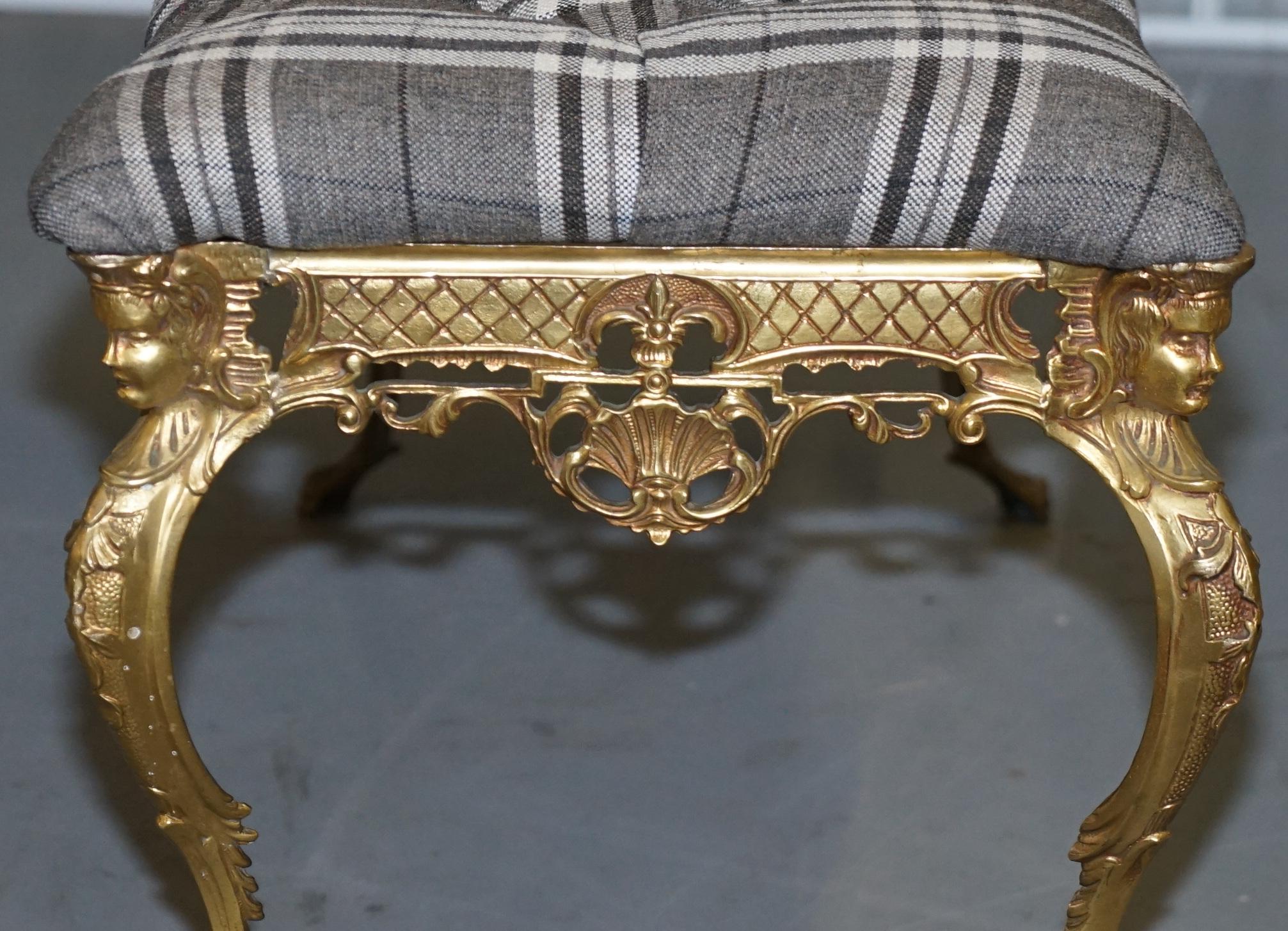 Ornate French circa 1920s Gold Gilt Brass Bench New Chesterfield Upholstery 8