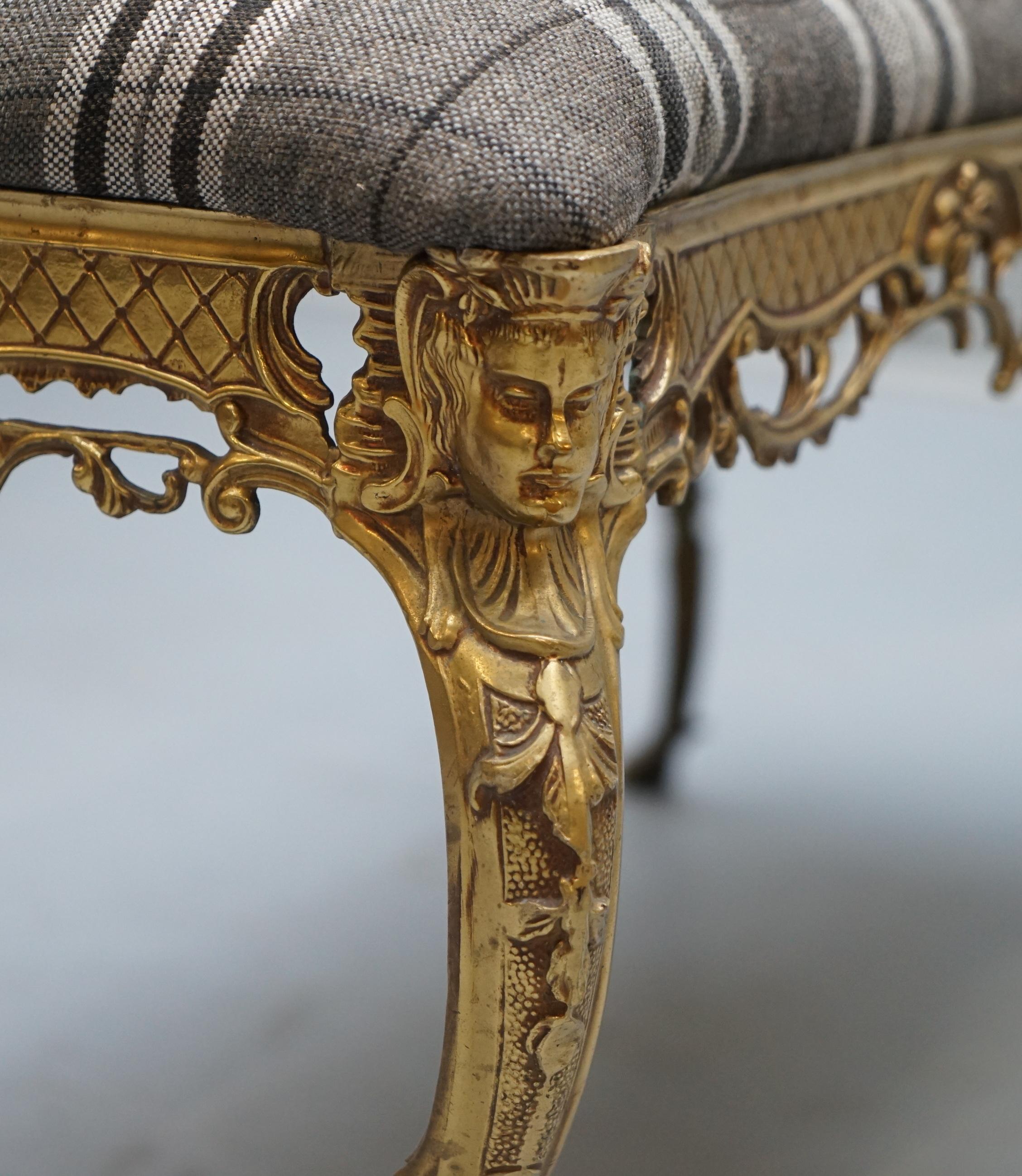 Ornate French circa 1920s Gold Gilt Brass Bench New Chesterfield Upholstery 9