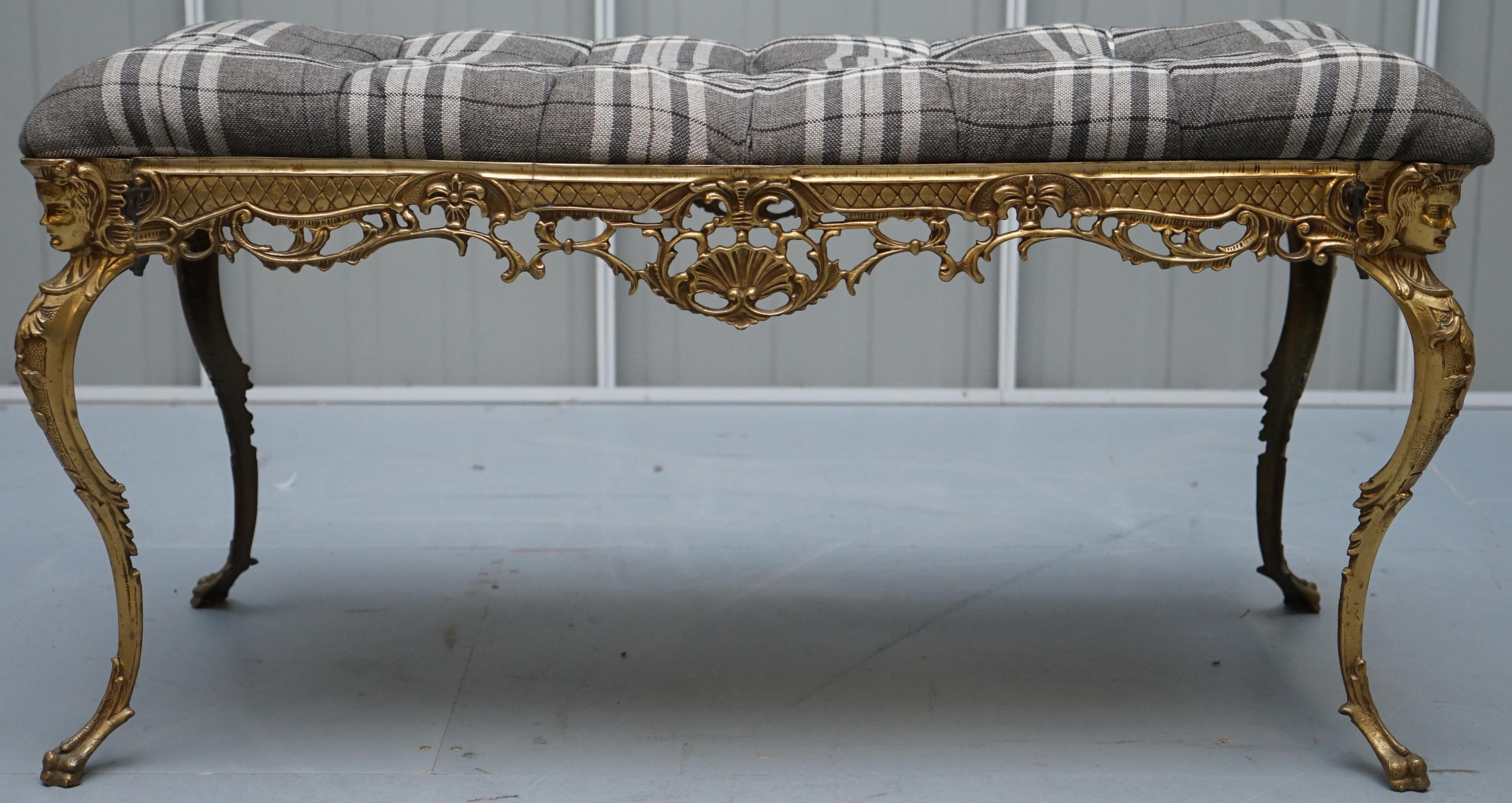 Neoclassical Revival Ornate French circa 1920s Gold Gilt Brass Bench New Chesterfield Upholstery