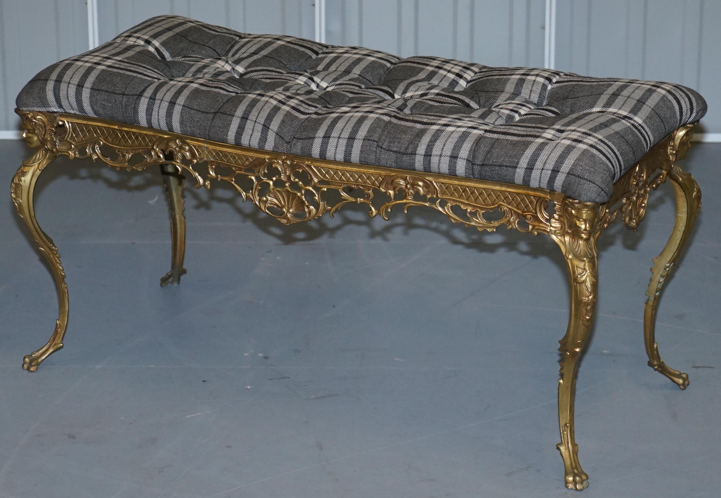 Hand-Crafted Ornate French circa 1920s Gold Gilt Brass Bench New Chesterfield Upholstery